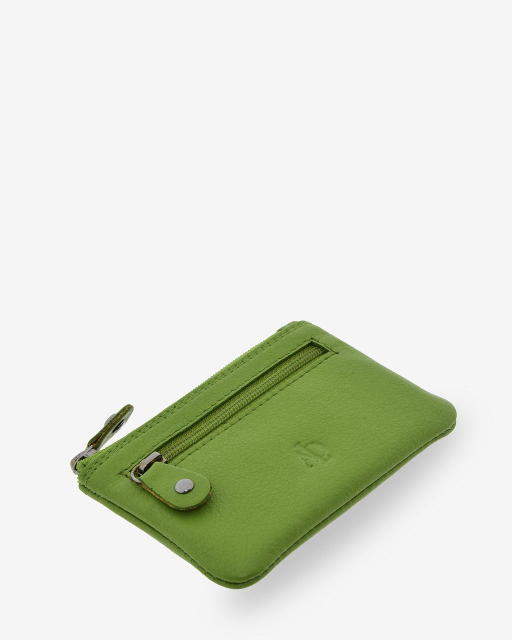 Monedero pequeño 8010 en color Matcha, visto desde arriba en tres cuartos con sus dos cremalleras.