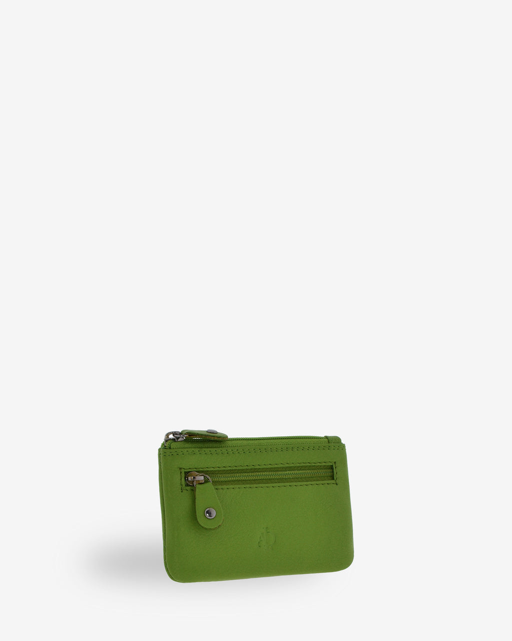 Monedero pequeño 8010 en color Matcha, vista tres cuartos frontal con bolsillo exterior de cremallera.