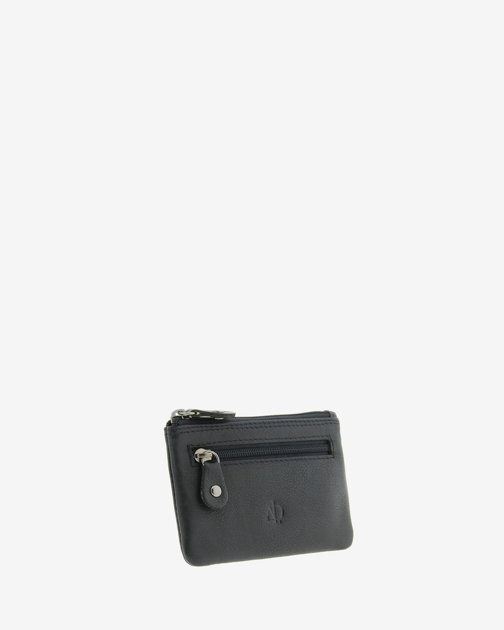 Monedero pequeño 8010 en color negro, vista tres cuartos frontal con bolsillo exterior de cremallera.