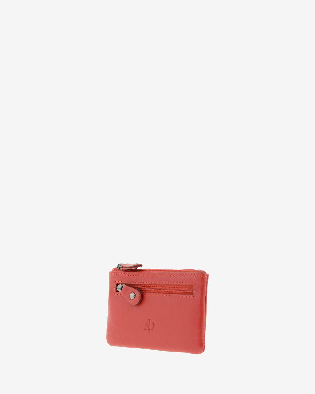 Monedero pequeño 8010 en color rojo, vista tres cuartos frontal derecha con bolsillo exterior de cremallera.