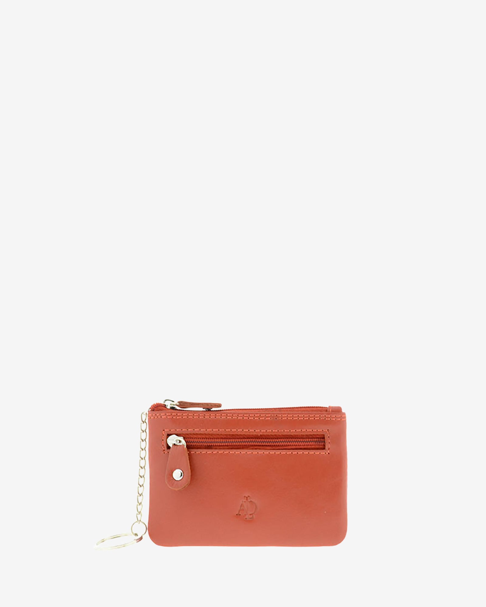 Monedero pequeño 8010 en color teja, vista frontal con anilla para llaves y bolsillo exterior de cremallera.