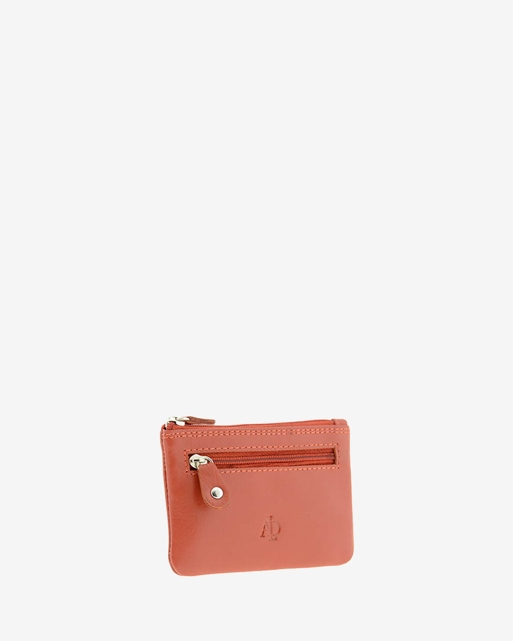 Monedero pequeño 8010 en color teja, vista tres cuartos frontal con bolsillo exterior de cremallera.