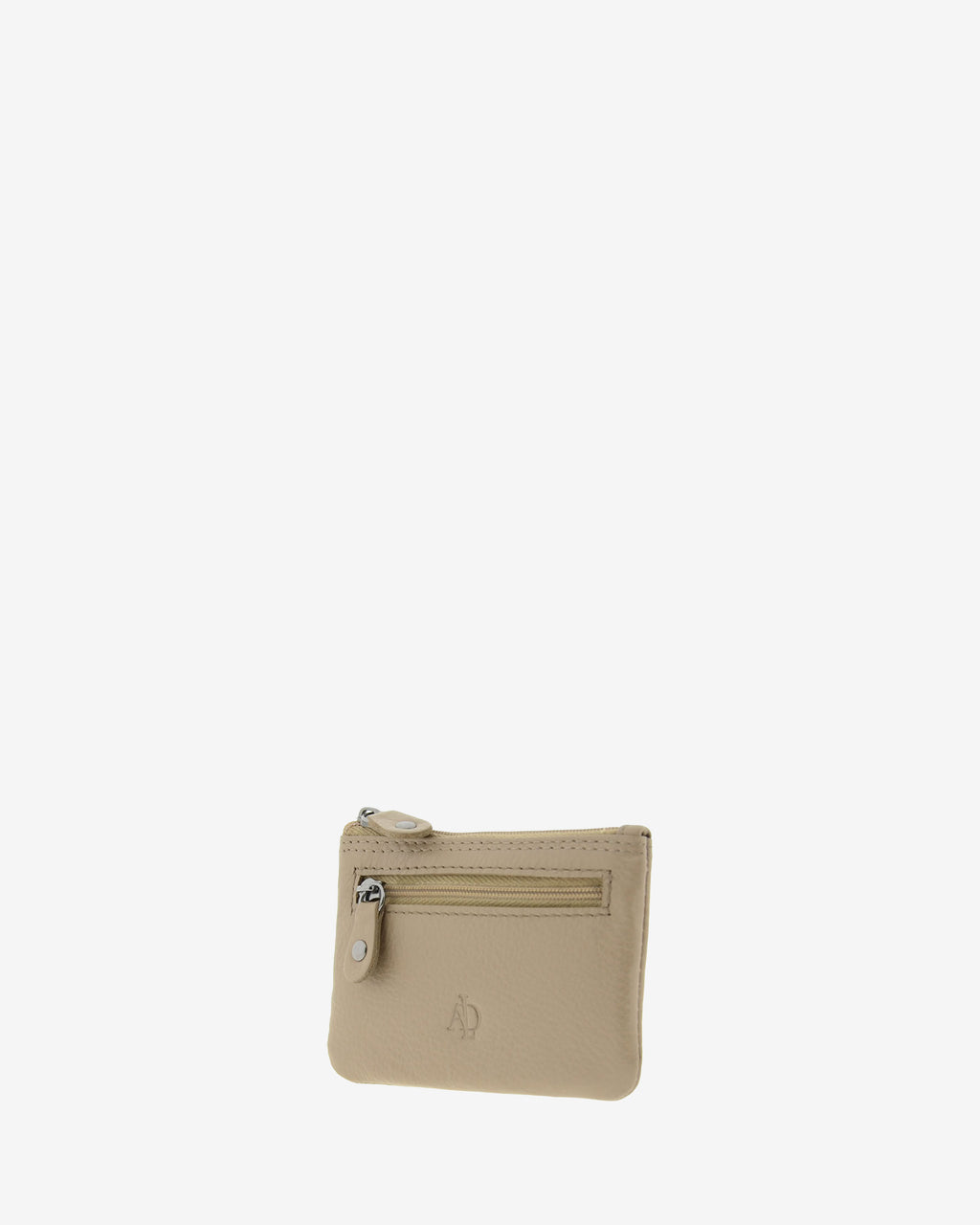 Monedero pequeño 8010 en color topo, vista tres cuartos frontal desde el lado derecho, con bolsillo exterior de cremallera.