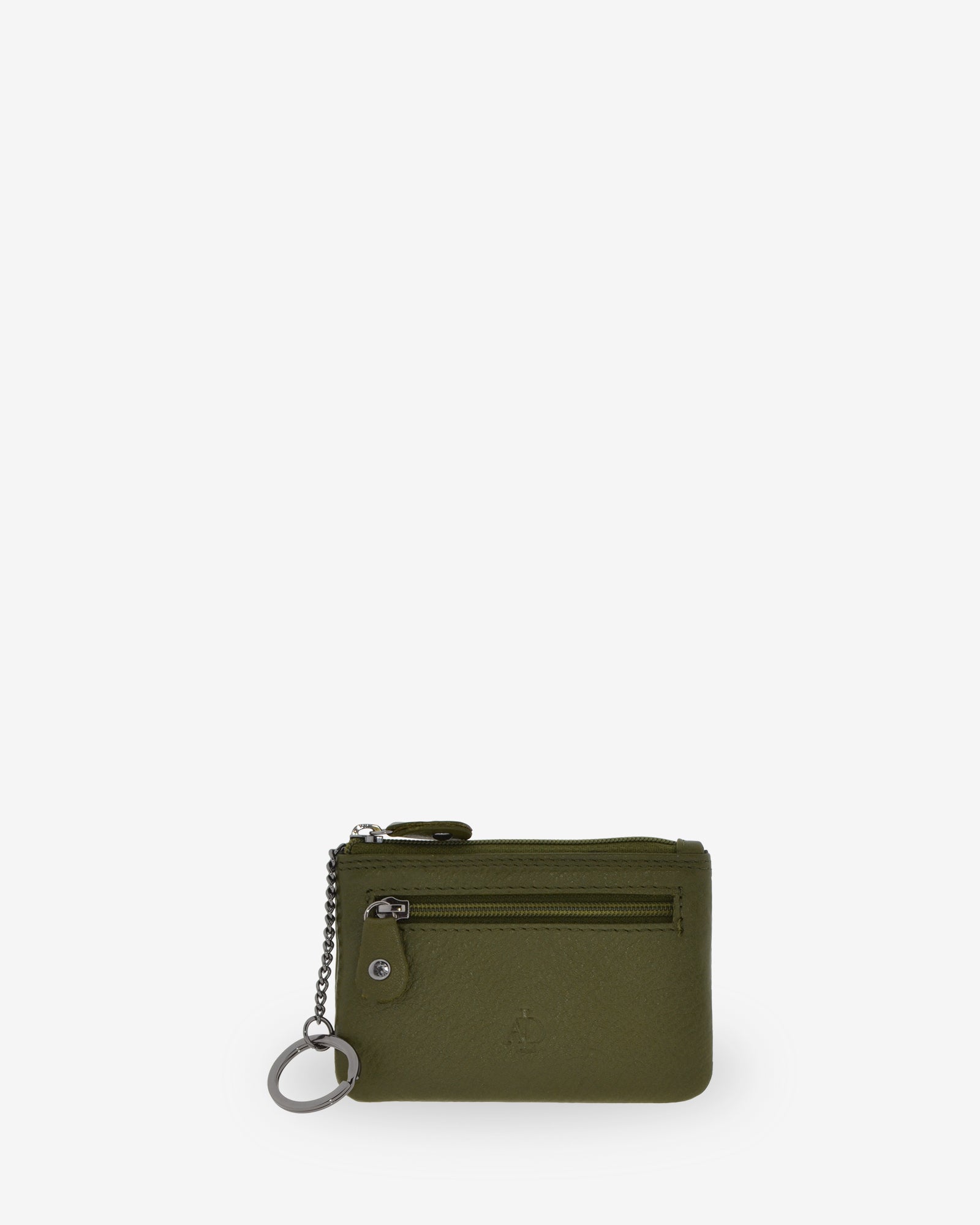 Monedero pequeño 8010 en color Verde Bosque, vista frontal con anilla para llaves y bolsillo exterior de cremallera.
