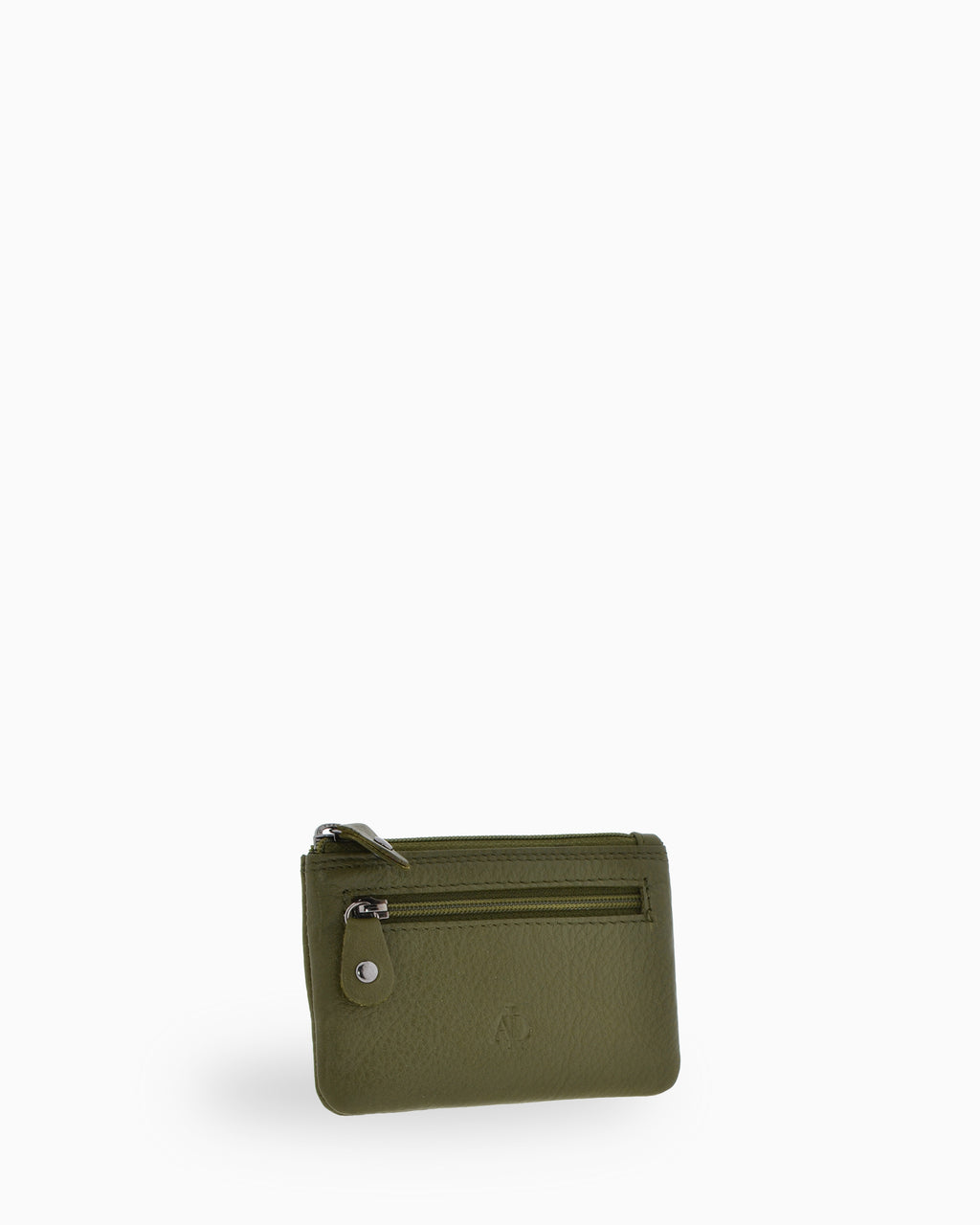 Monedero pequeño 8010 en color Verde Bosque, vista tres cuartos frontal con bolsillo exterior de cremallera.