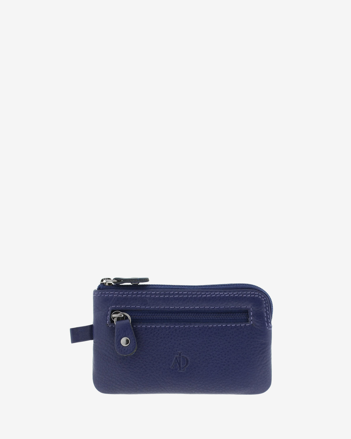 Monedero fino 8011 en color azul marino, vista frontal con bolsillo exterior de cremallera.