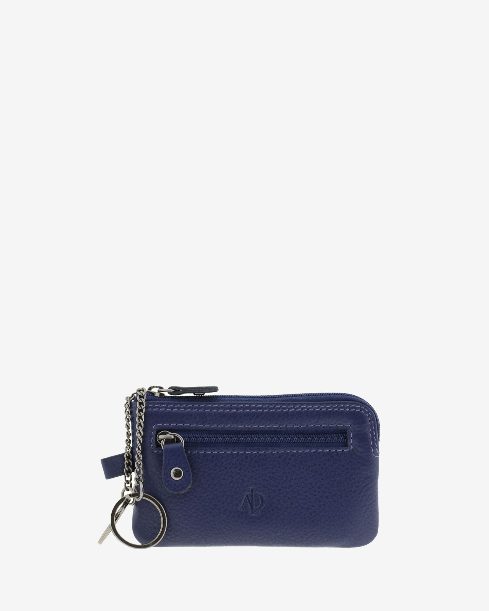 Monedero fino 8011 en color azul marino, vista frontal con anillas para llaves y bolsillo exterior de cremallera.