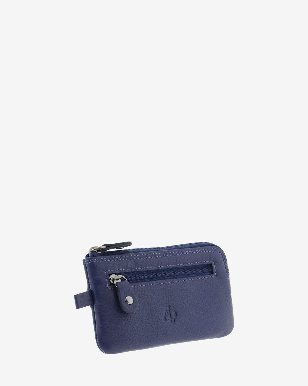 Monedero fino 8011 en color azul marino, vista tres cuartos frontal con bolsillo exterior de cremallera.