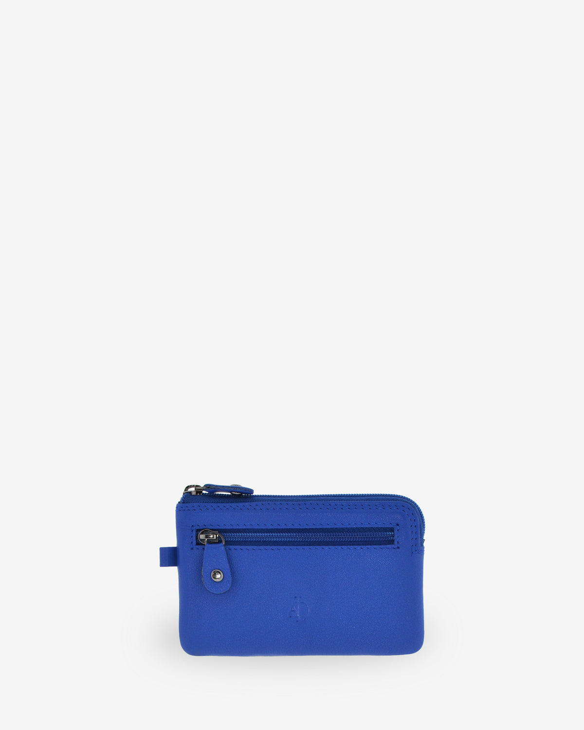 Monedero fino 8011 en color cobalto, vista frontal con bolsillo exterior de cremallera.