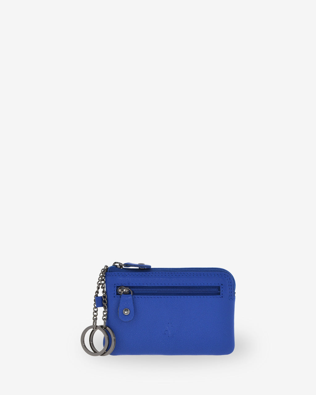 Monedero fino 8011 en color cobalto, vista frontal con anilla para llaves y bolsillo exterior de cremallera.