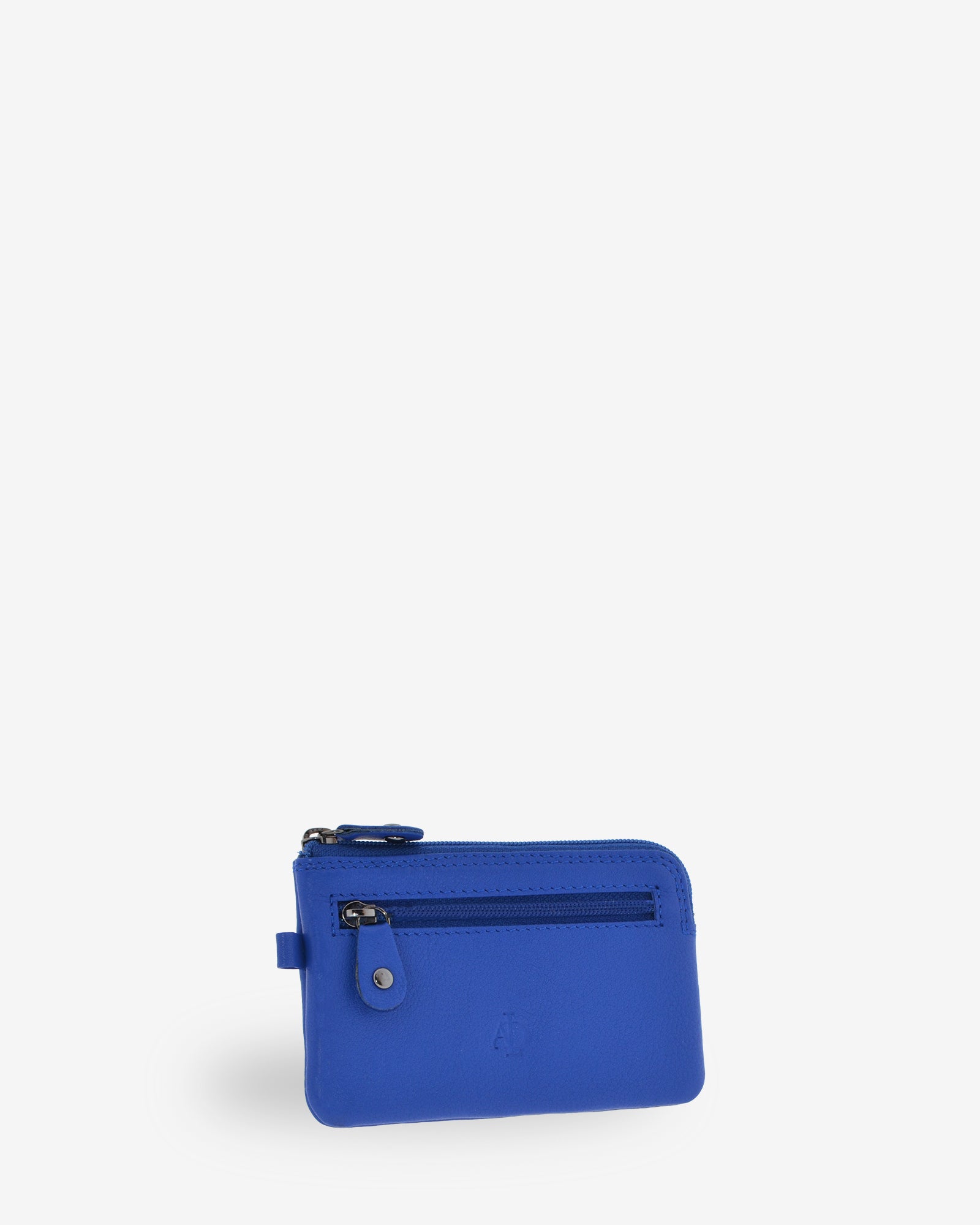 Monedero fino 8011 en color cobalto, vista tres cuartos frontal con bolsillo exterior de cremallera.