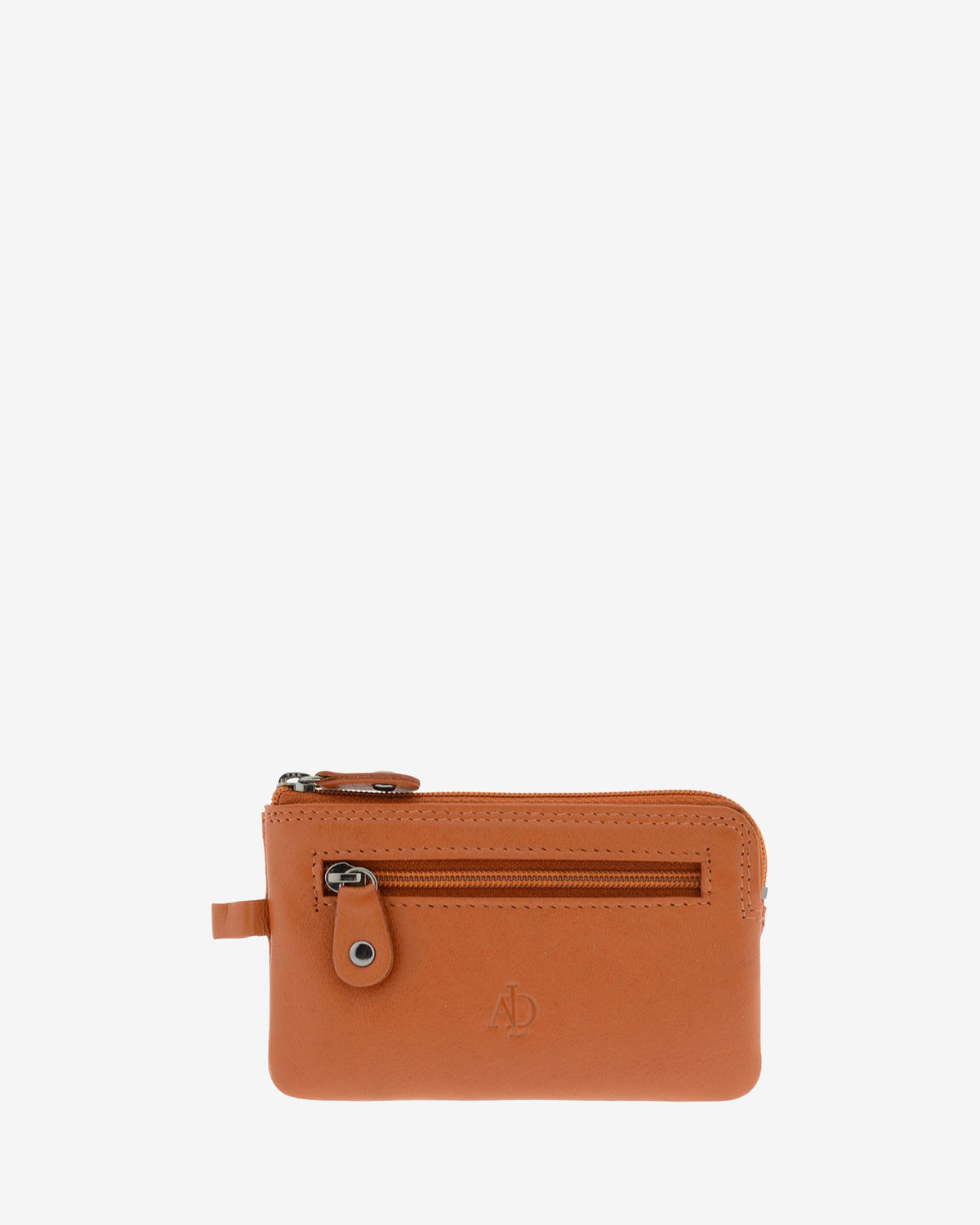 Monedero fino 8011 en color cuero, vista frontal con bolsillo exterior de cremallera.