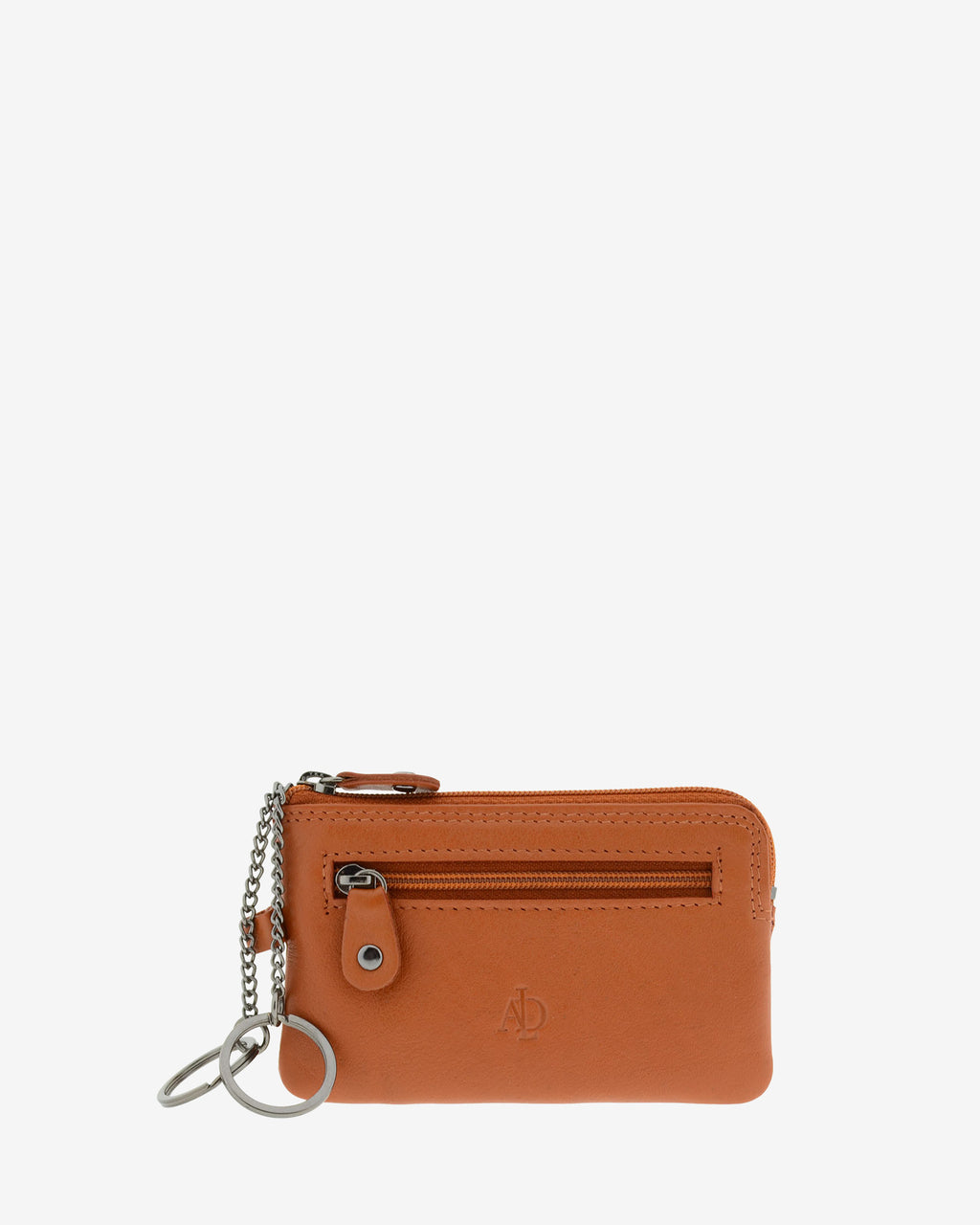 Monedero fino 8011 en color cuero, vista frontal con anilla para llaves y bolsillo exterior de cremallera.