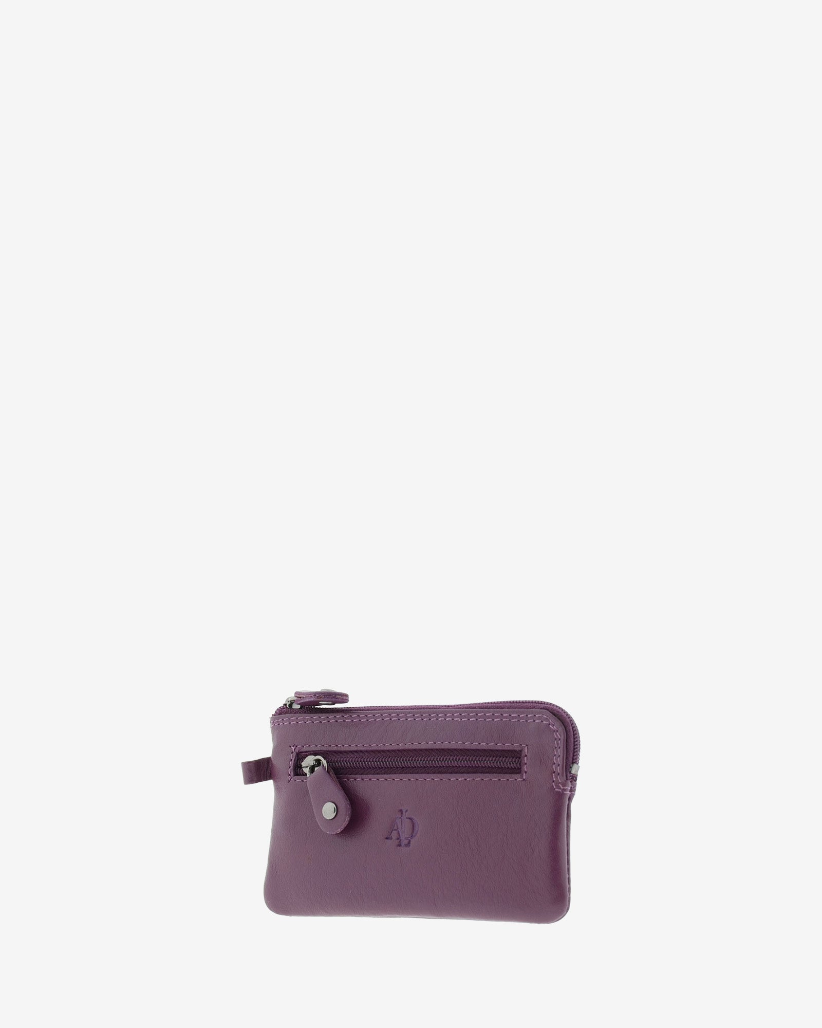 Monedero fino 8011 en color lila, vista tres cuartos frontal derecha con bolsillo exterior de cremallera.
