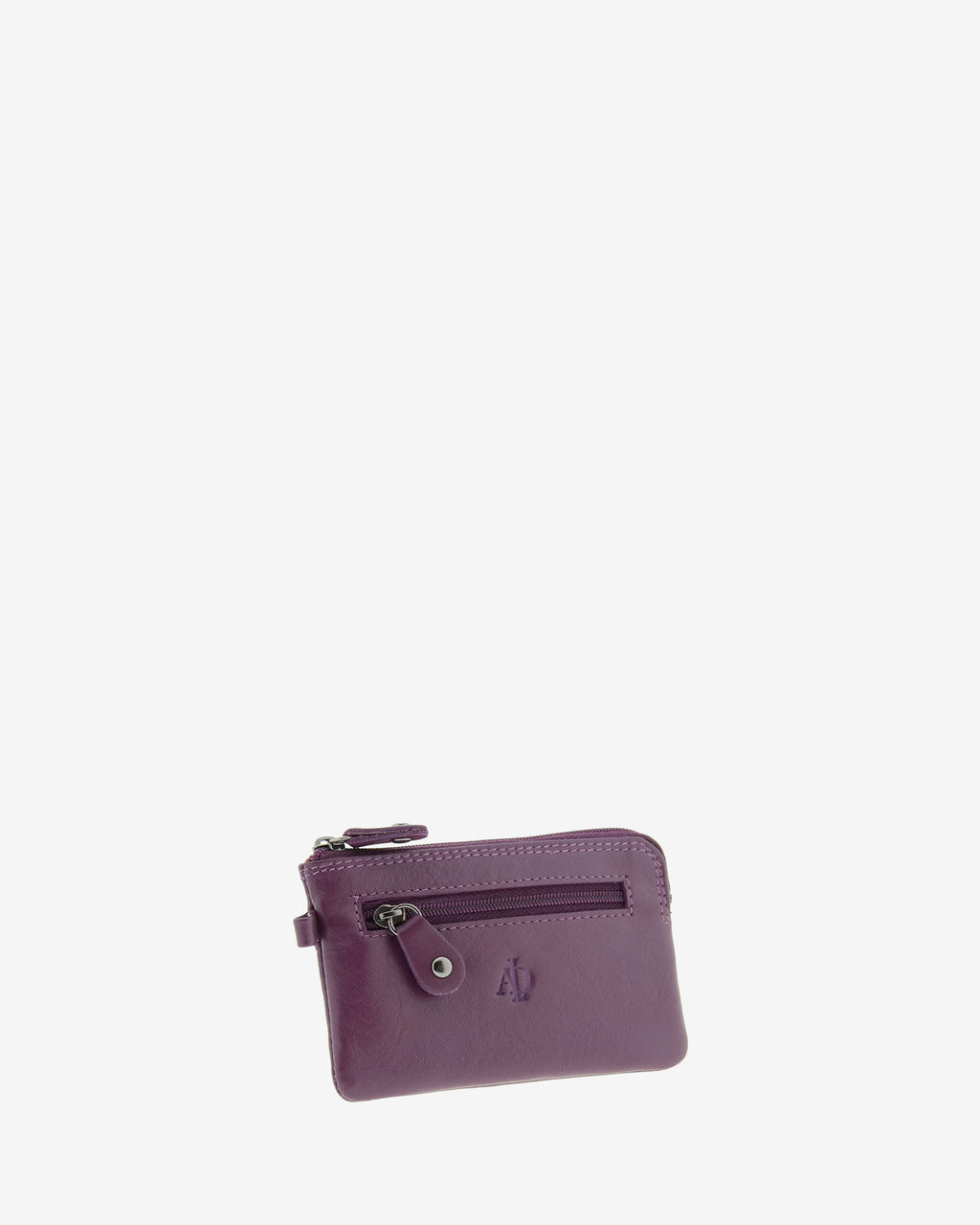 Monedero fino 8011 en color lila, vista tres cuartos frontal izquierda con bolsillo exterior de cremallera.