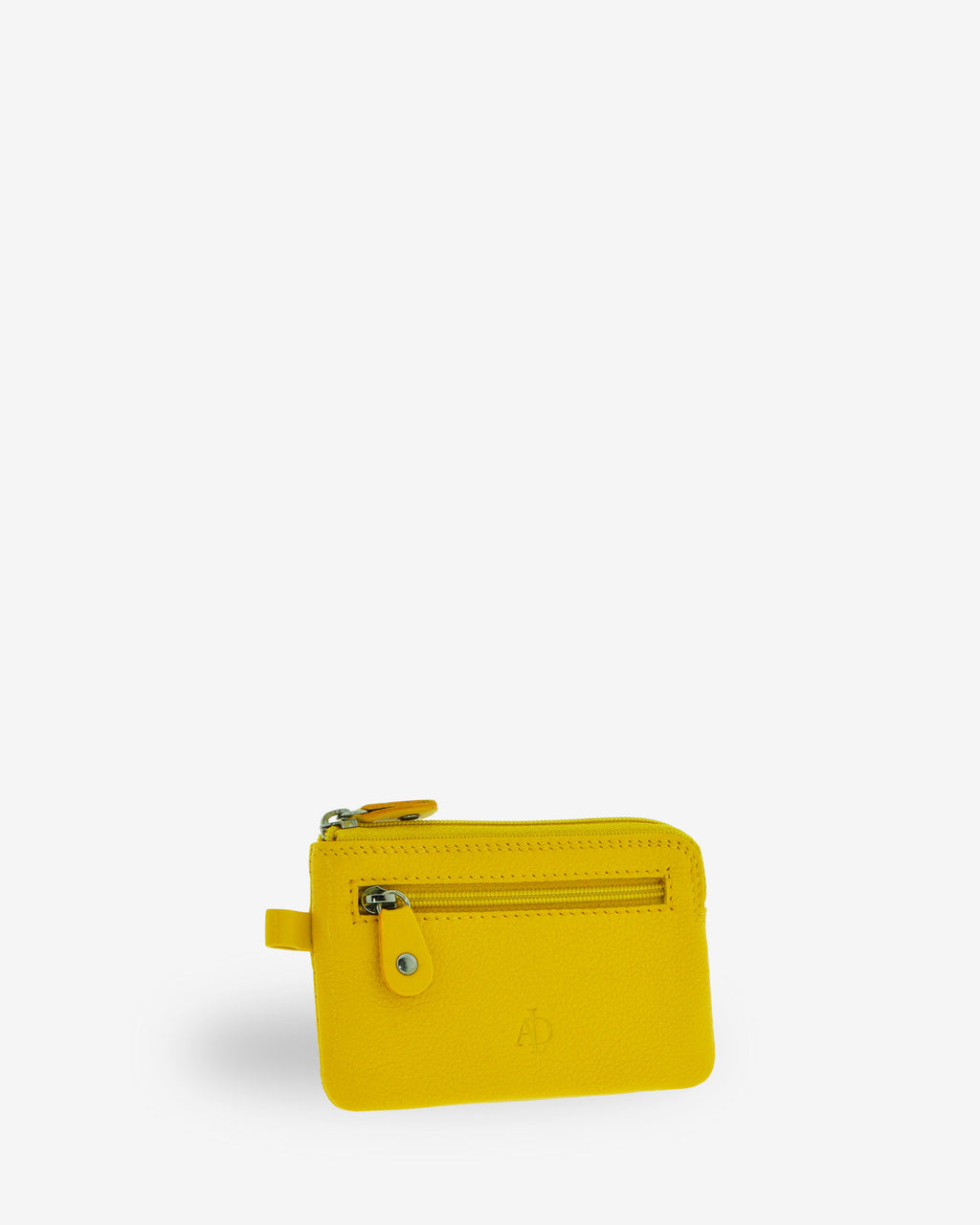 Monedero fino 8011 en color limón, vista tres cuartos frontal con bolsillo exterior de cremallera.