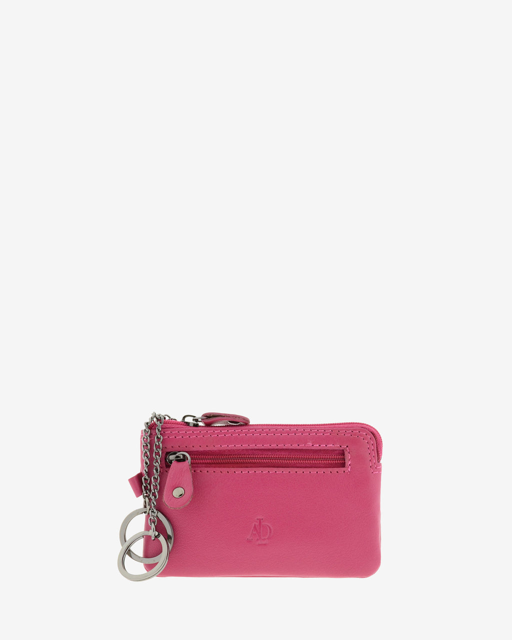 Monedero fino 8011 en color magenta, vista frontal con anillas para llaves y bolsillo exterior de cremallera.