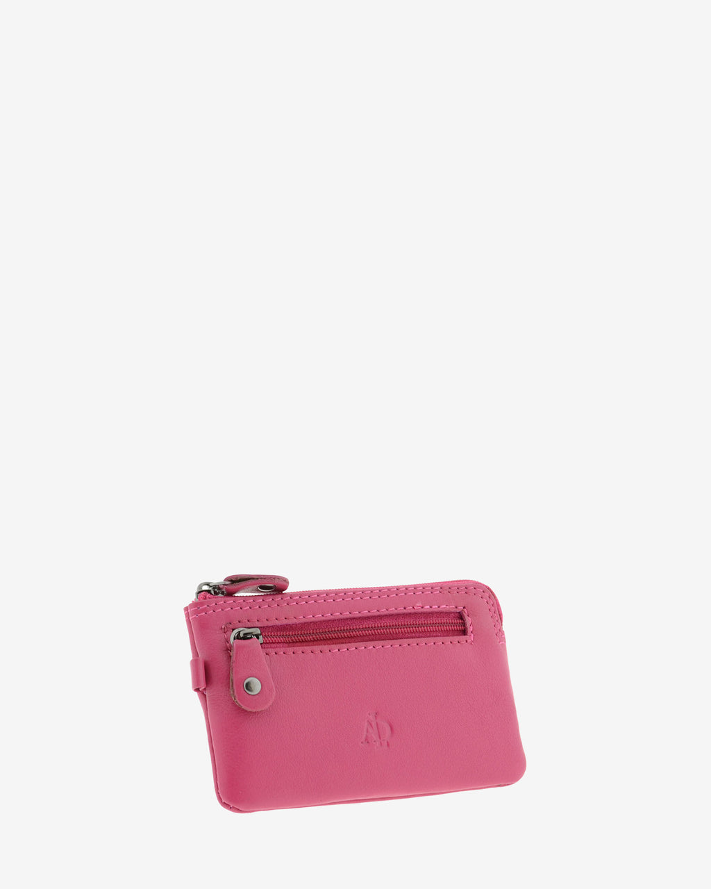 Monedero fino 8011 en color magenta, vista tres cuartos frontal con bolsillo exterior de cremallera.