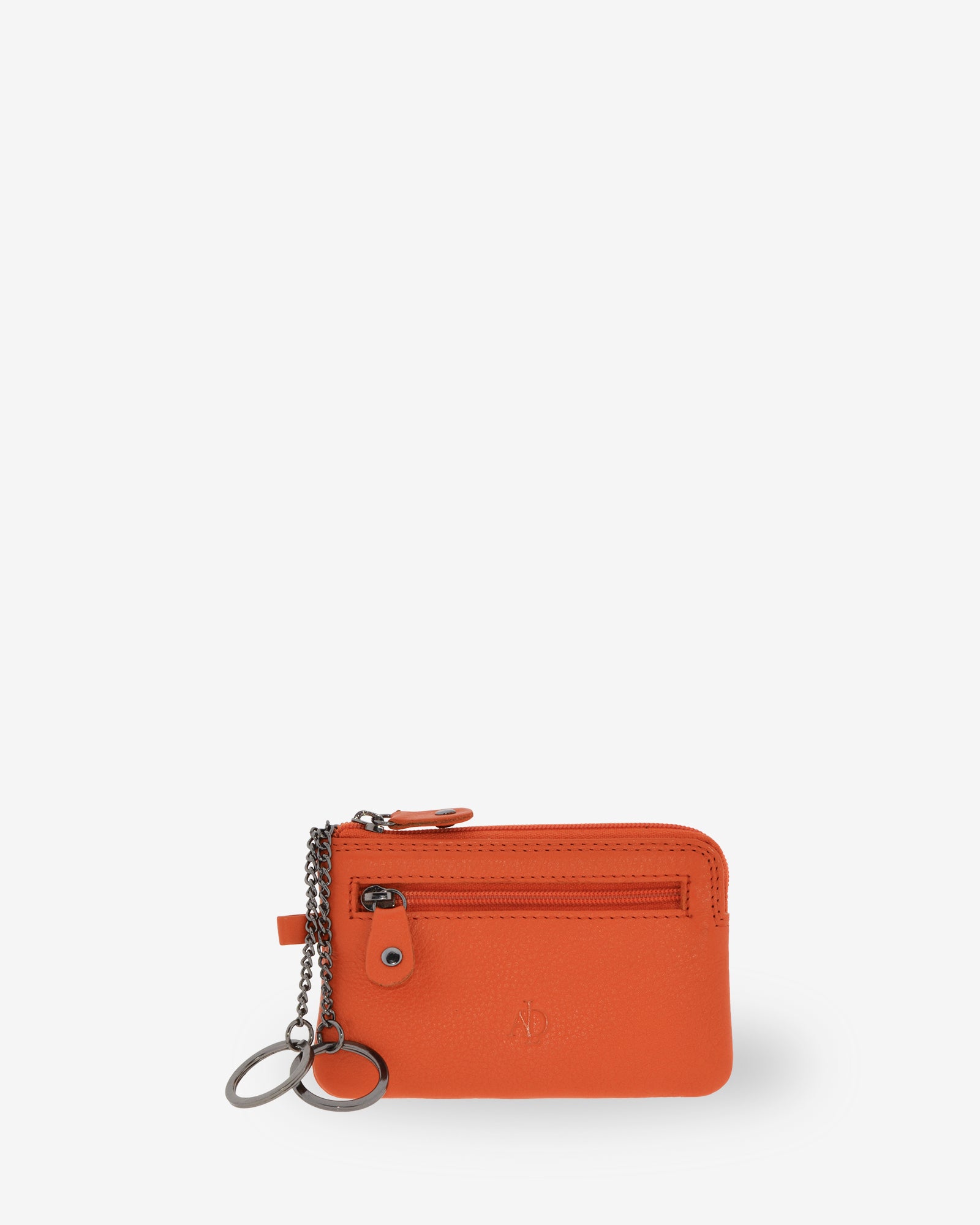 Monedero fino 8011 en color mandarina, vista frontal con anilla para llaves y bolsillo exterior de cremallera.