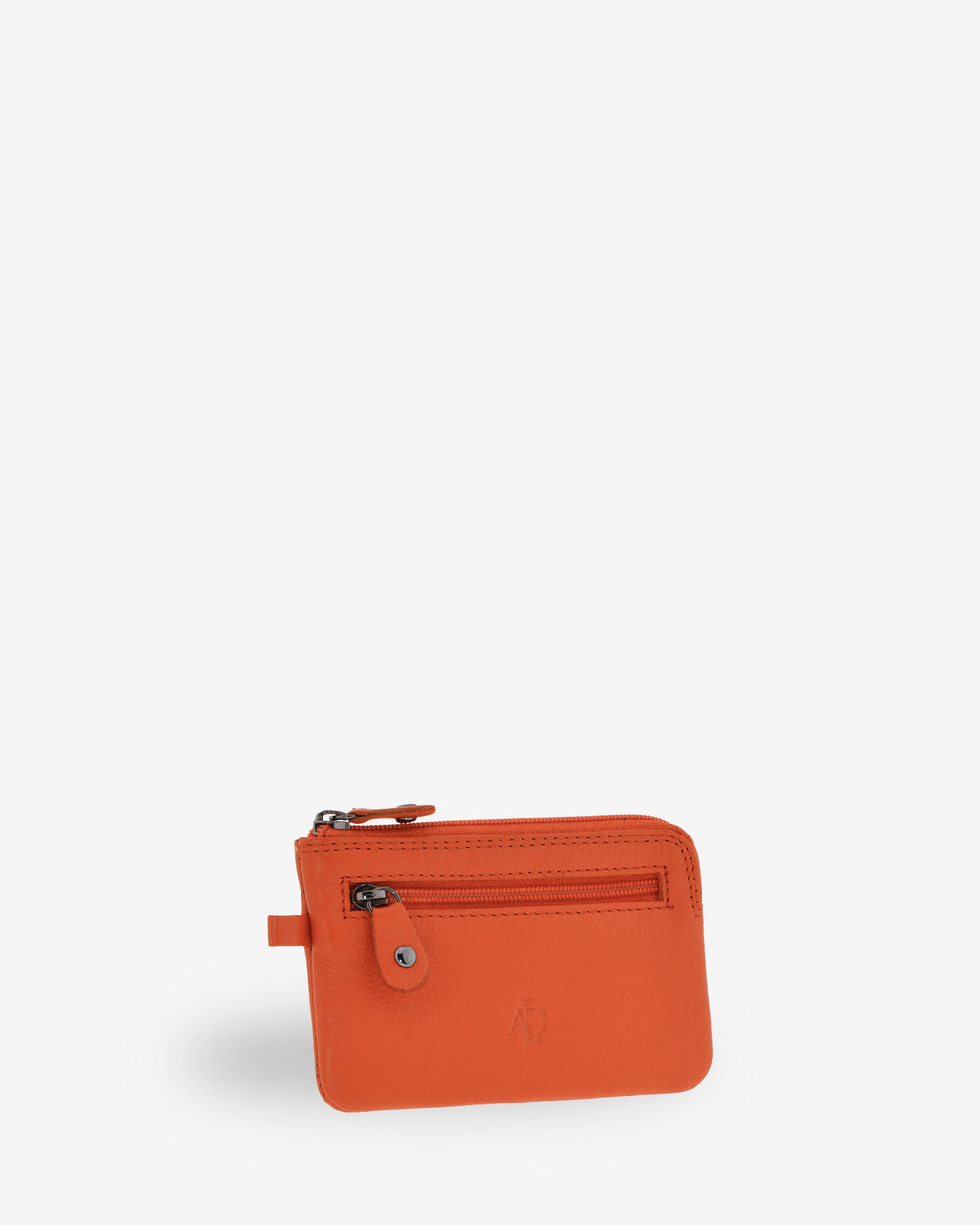 Monedero fino 8011 en color mandarina, vista tres cuartos frontal con bolsillo exterior de cremallera.
