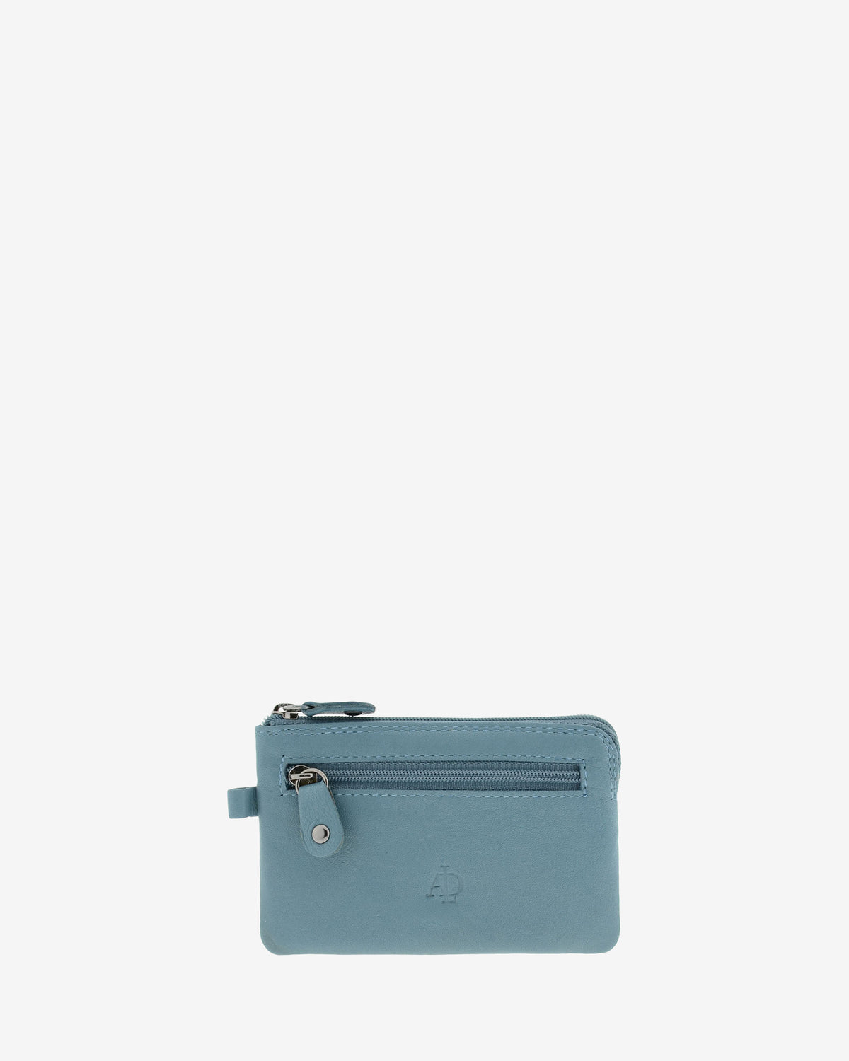 Monedero fino 8011 en color mar, vista frontal con bolsillo exterior de cremallera.