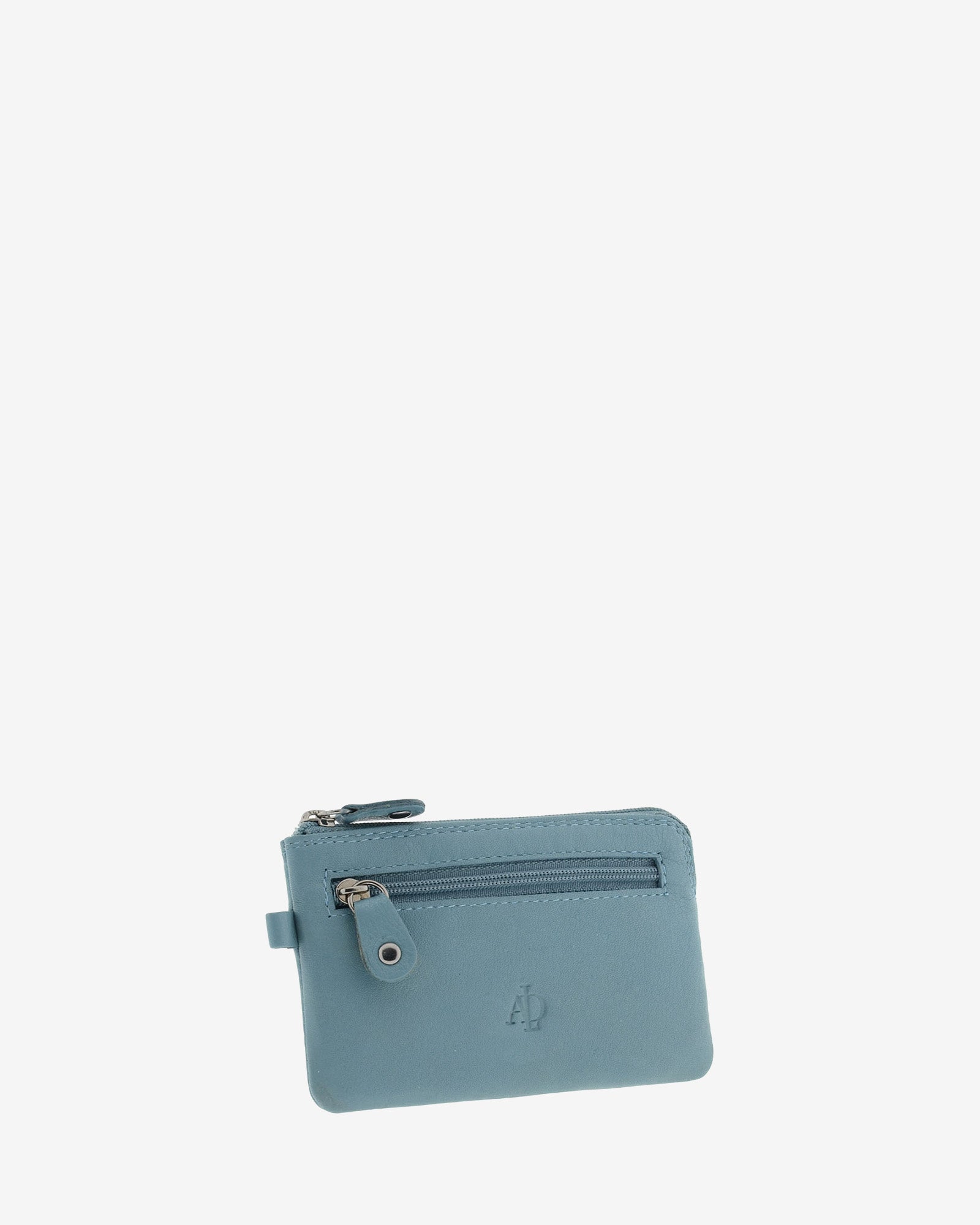 Monedero fino 8011 en color mar, vista tres cuartos frontal con bolsillo exterior de cremallera.