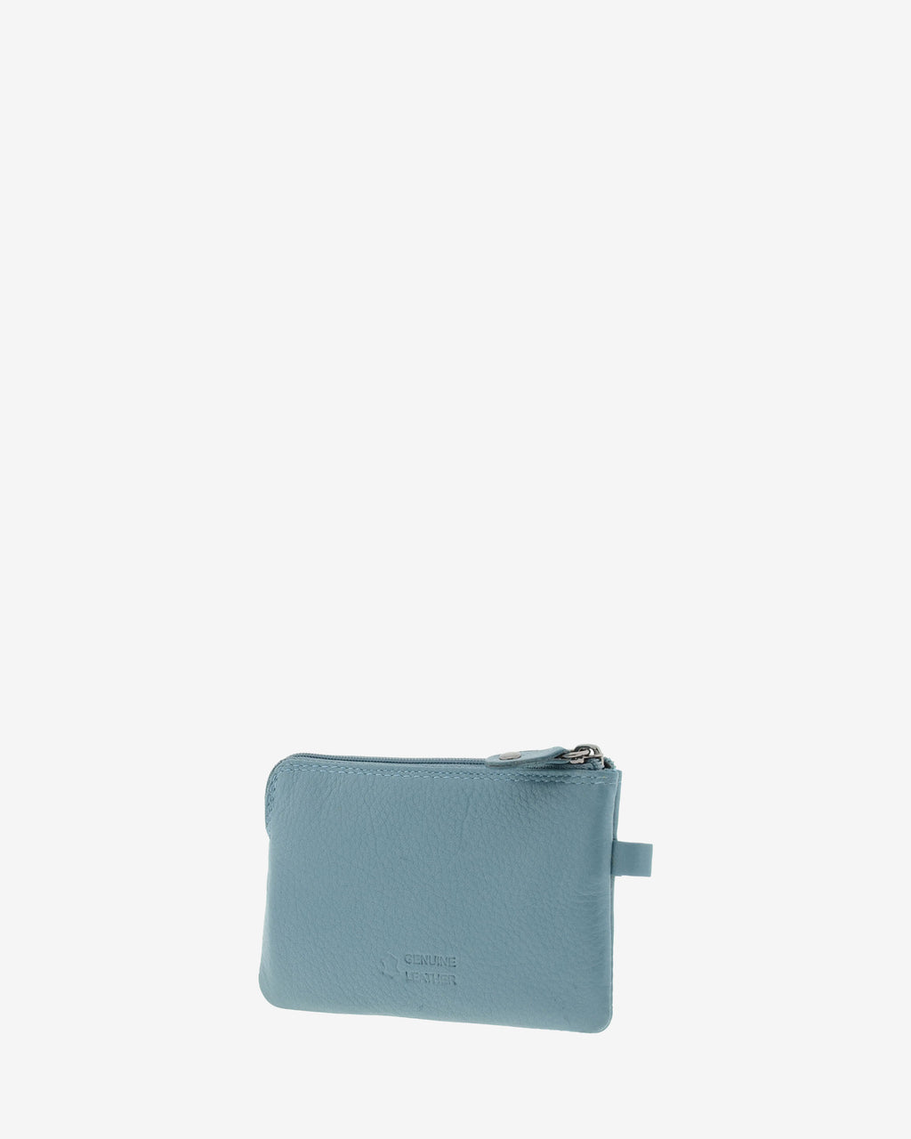 Monedero fino 8011 en color mar, vista tres cuartos posterior.
