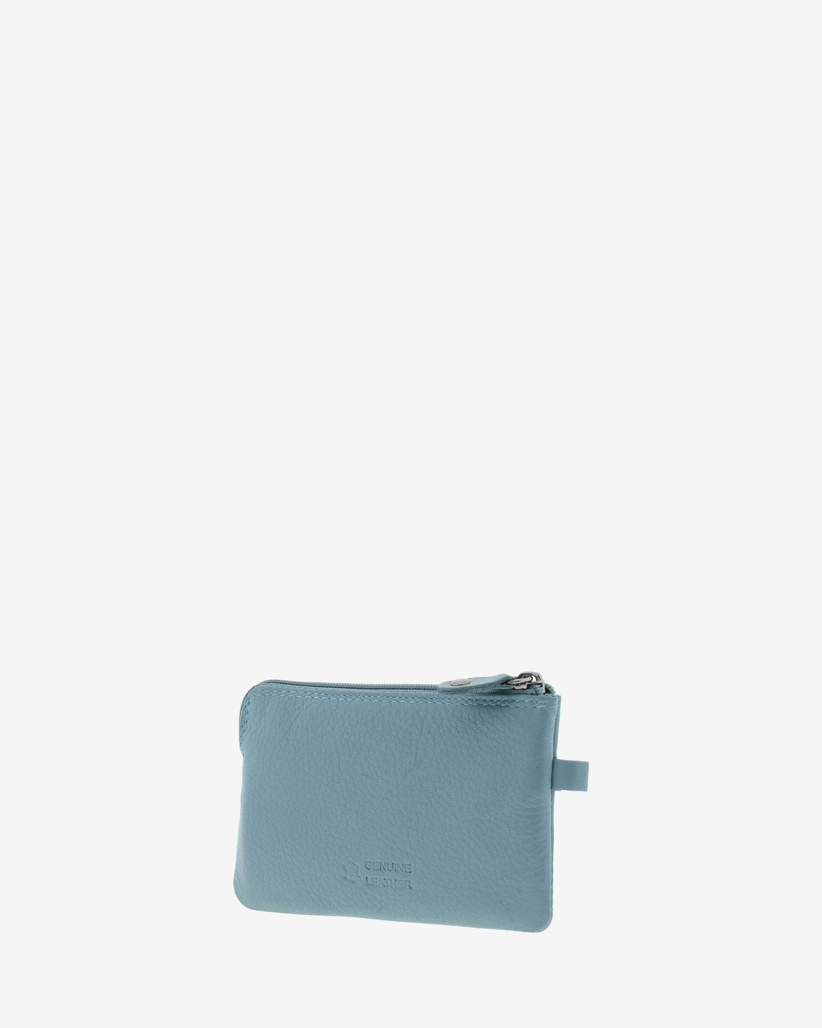 Monedero fino 8011 en color mar, vista tres cuartos posterior.