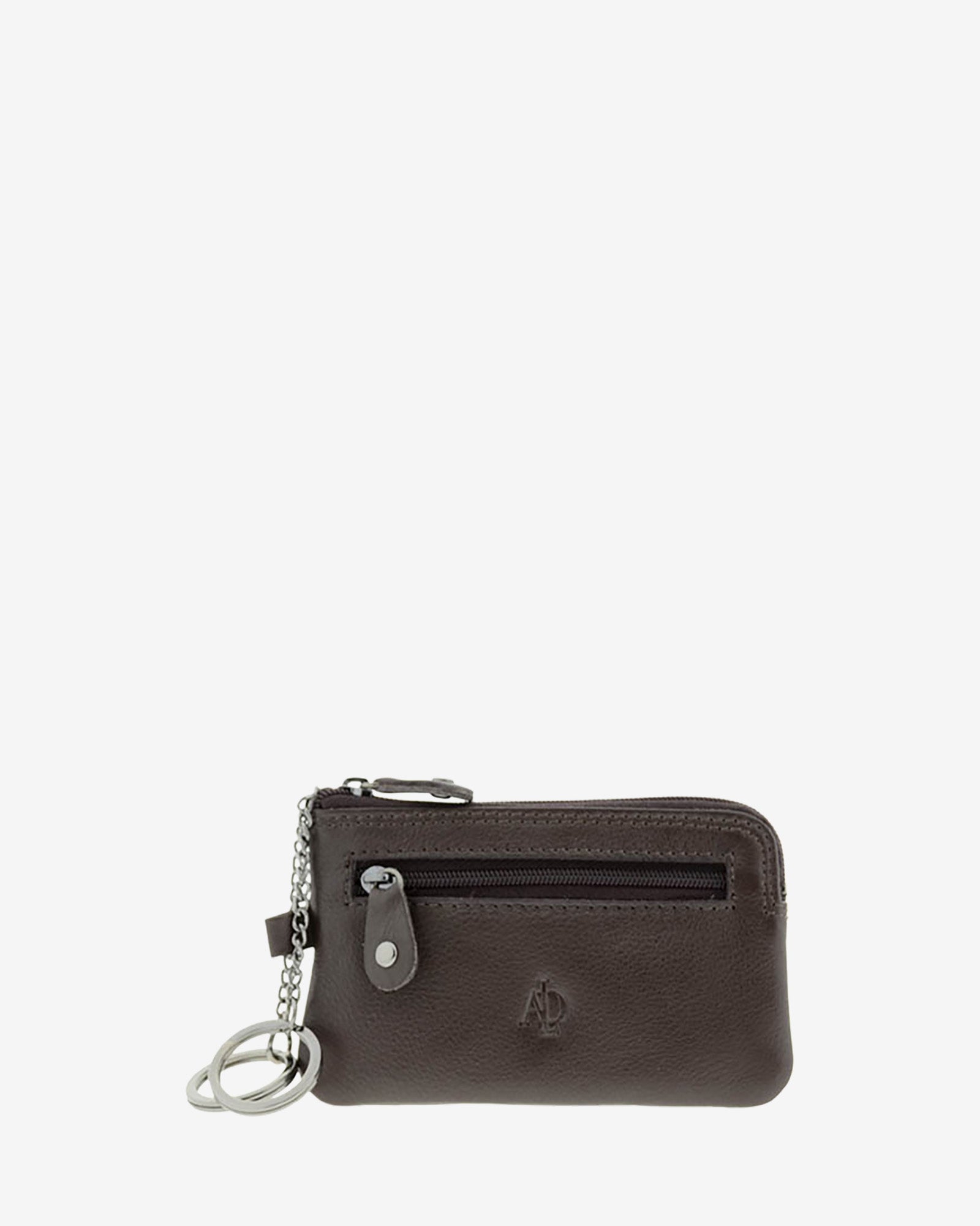 Monedero fino 8011 en color marrón, vista frontal con anilla para llaves y bolsillo exterior de cremallera.