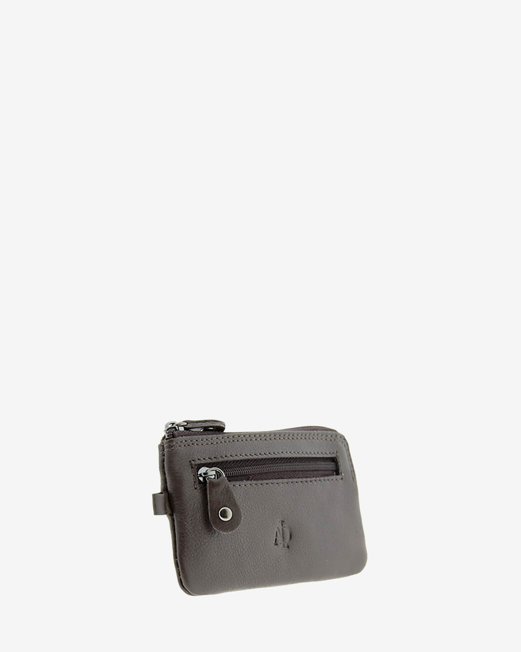 Monedero fino 8011 en color marrón, vista tres cuartos frontal con bolsillo exterior de cremallera.