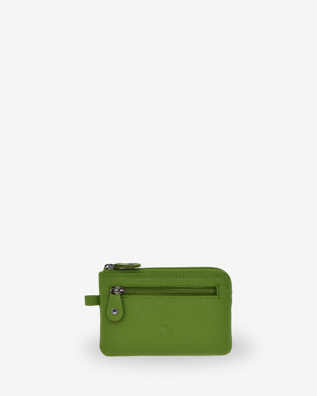 Monedero fino 8011 en color matcha, vista frontal con bolsillo exterior de cremallera.