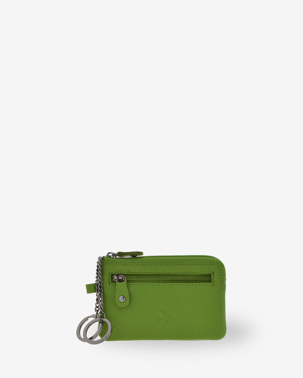Monedero fino 8011 en color matcha, vista frontal con anillas para llaves y bolsillo exterior de cremallera.