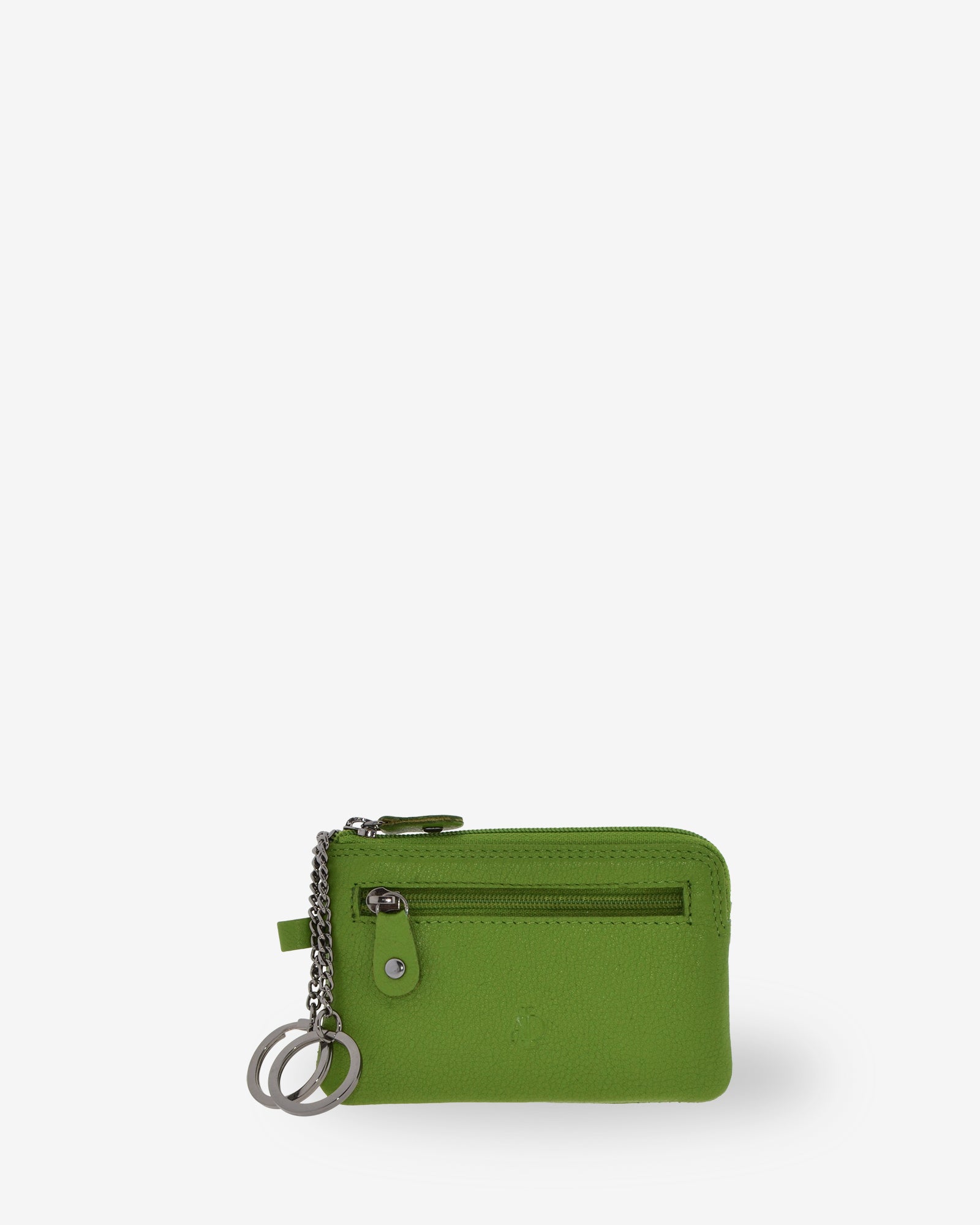 Monedero fino 8011 en color matcha, vista frontal con anillas para llaves y bolsillo exterior de cremallera.