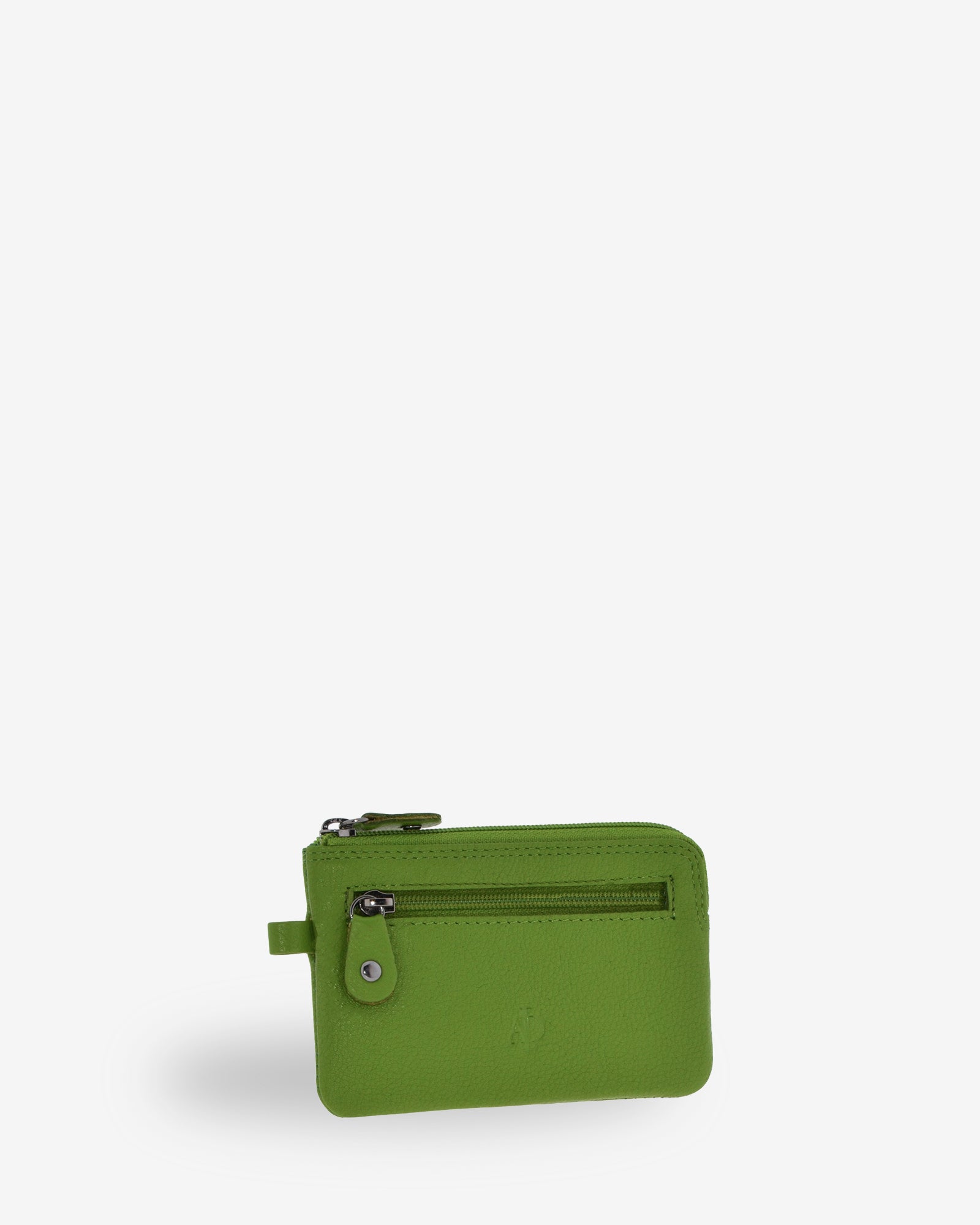 Monedero fino 8011 en color matcha, vista tres cuartos frontal con bolsillo exterior de cremallera.