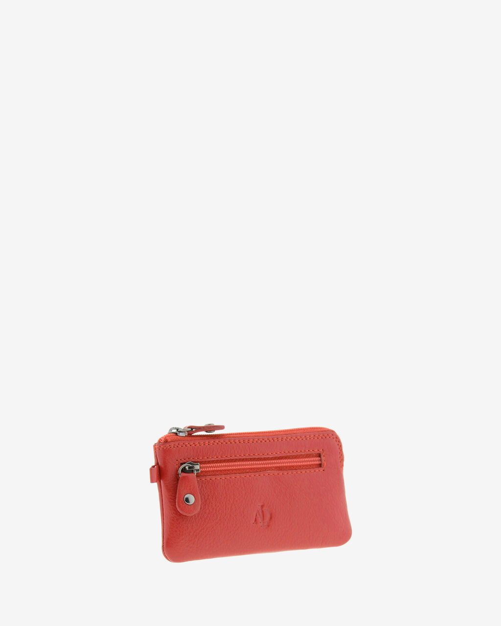 Monedero fino 8011 en color rojo, vista tres cuartos frontal izquierda con bolsillo exterior de cremallera.