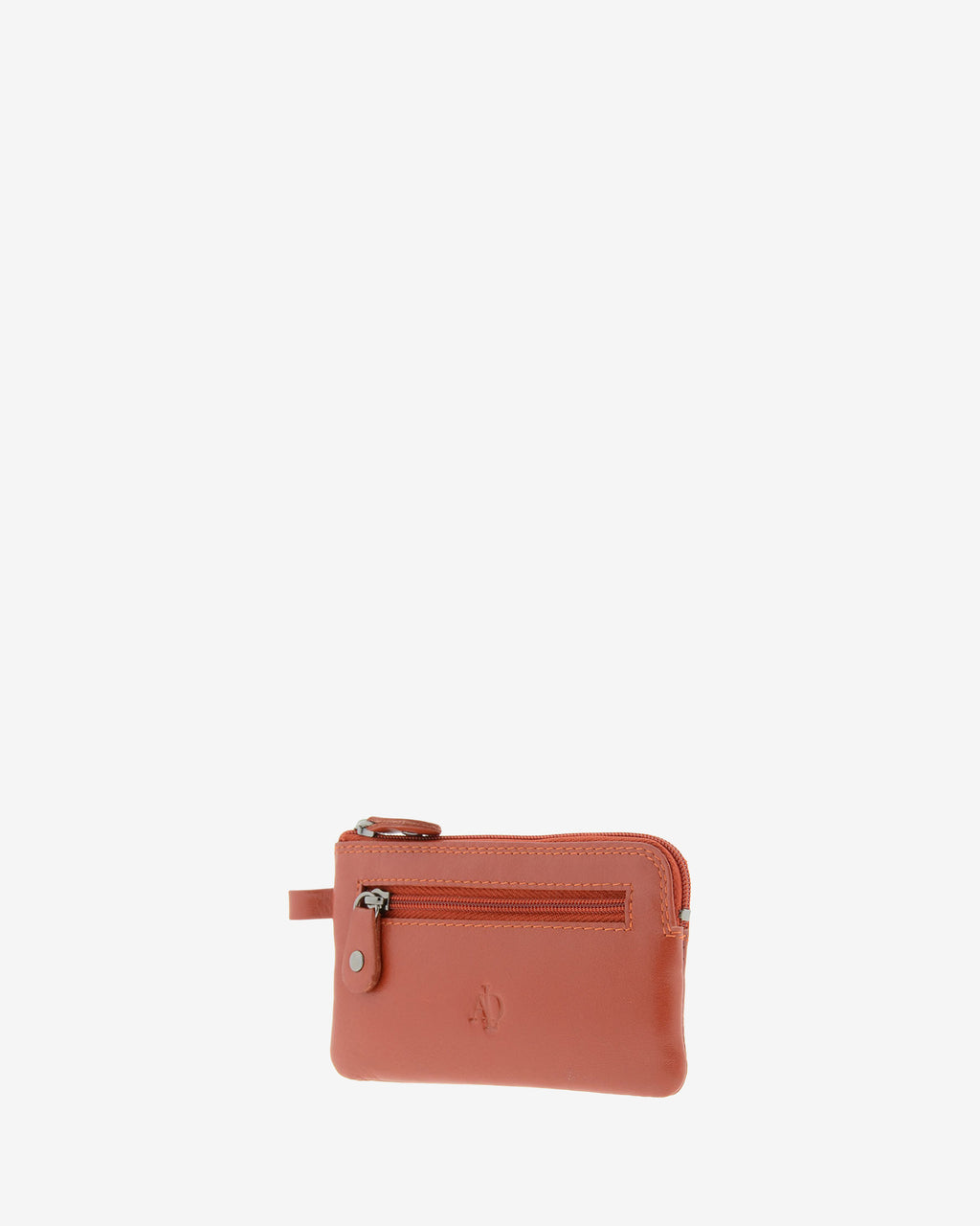 Monedero fino 8011 en color teja, vista tres cuartos frontal derecha con bolsillo exterior de cremallera.