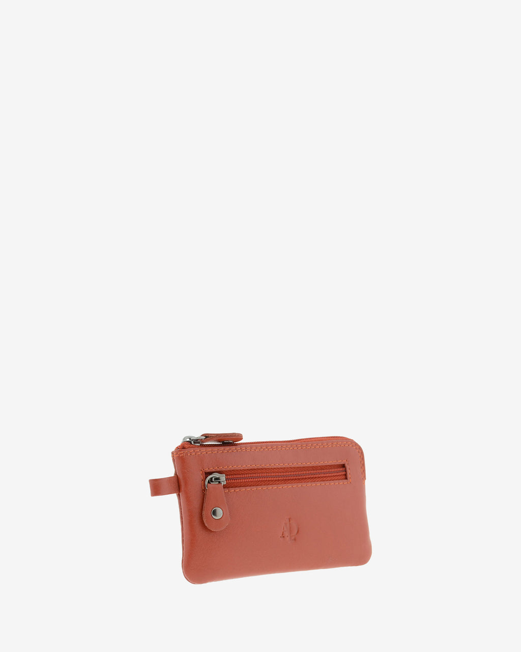 Monedero fino 8011 en color teja, vista tres cuartos frontal  izquierda con bolsillo exterior de cremallera.