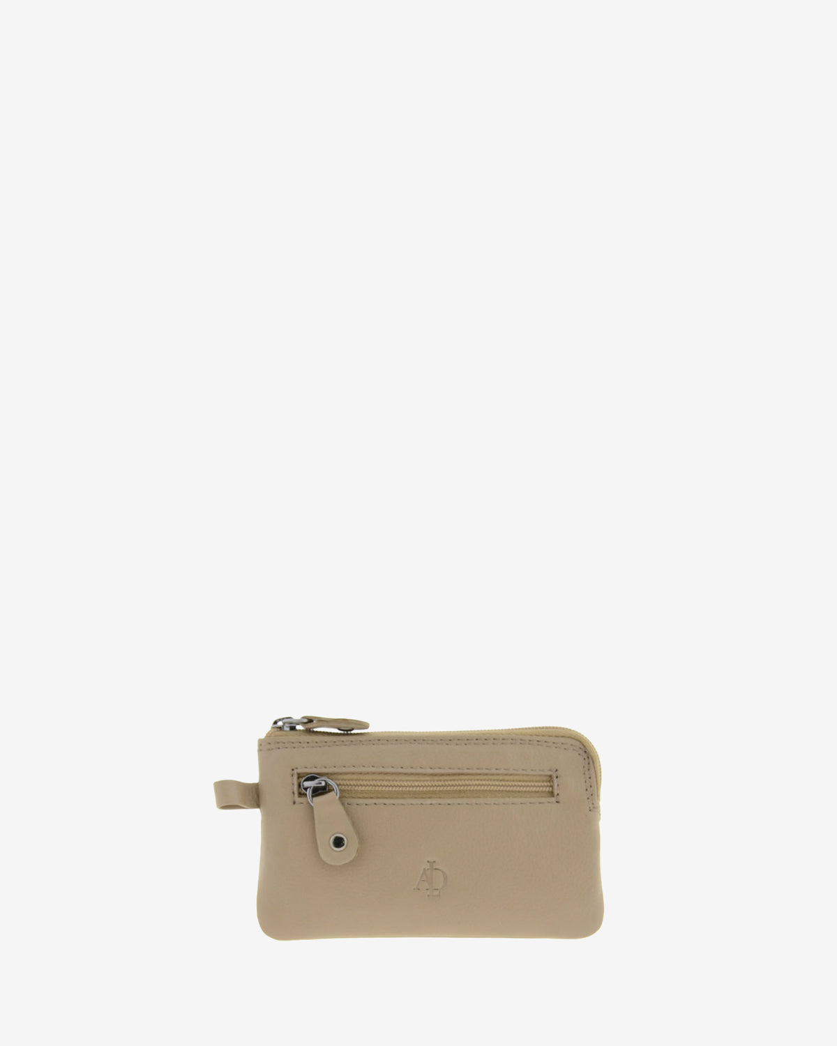 Monedero fino 8011 en color topo, vista frontal con bolsillo exterior de cremallera.