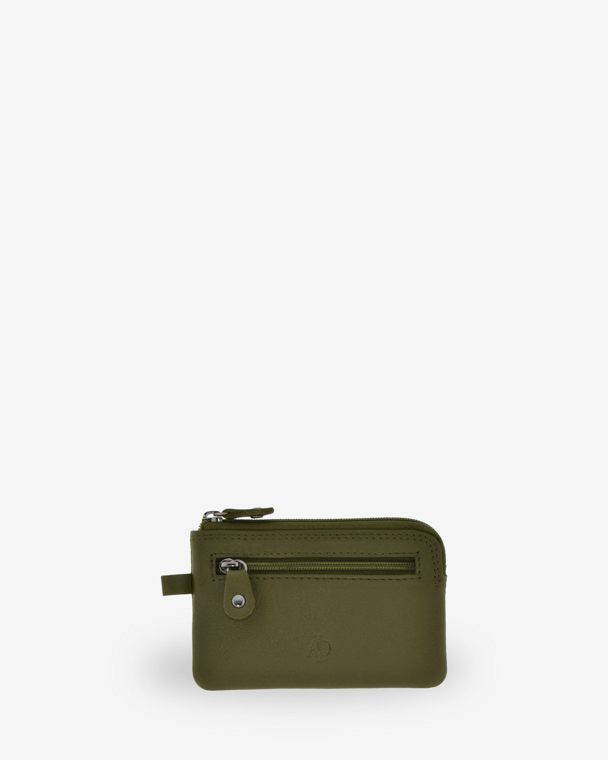 Monedero fino 8011 en color verde bosque, vista frontal con bolsillo exterior de cremallera.