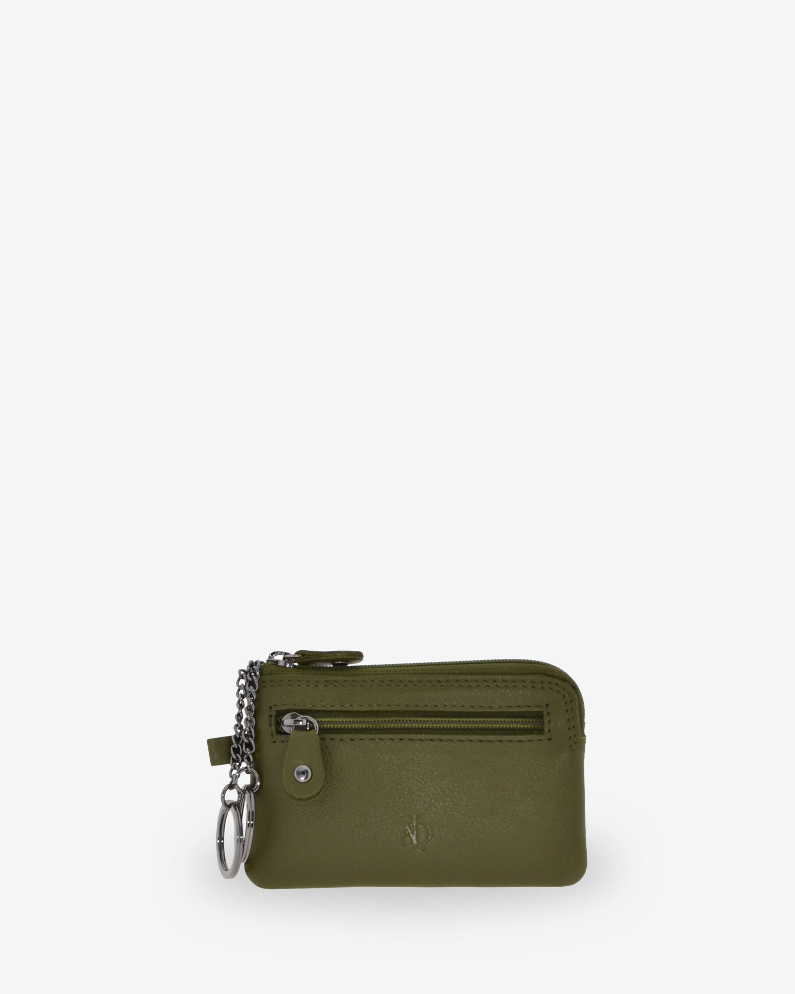 Monedero fino 8011 en color verde bosque, vista frontal con anillas para llaves y bolsillo exterior de cremallera.