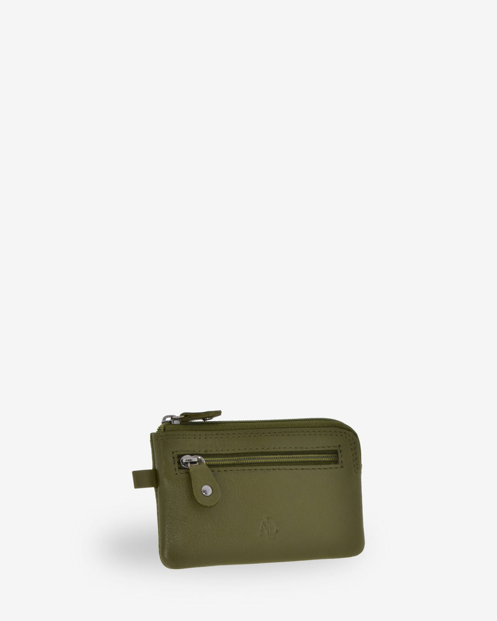 Monedero fino 8011 en color verde bosque, vista tres cuartos frontal con bolsillo exterior de cremallera.