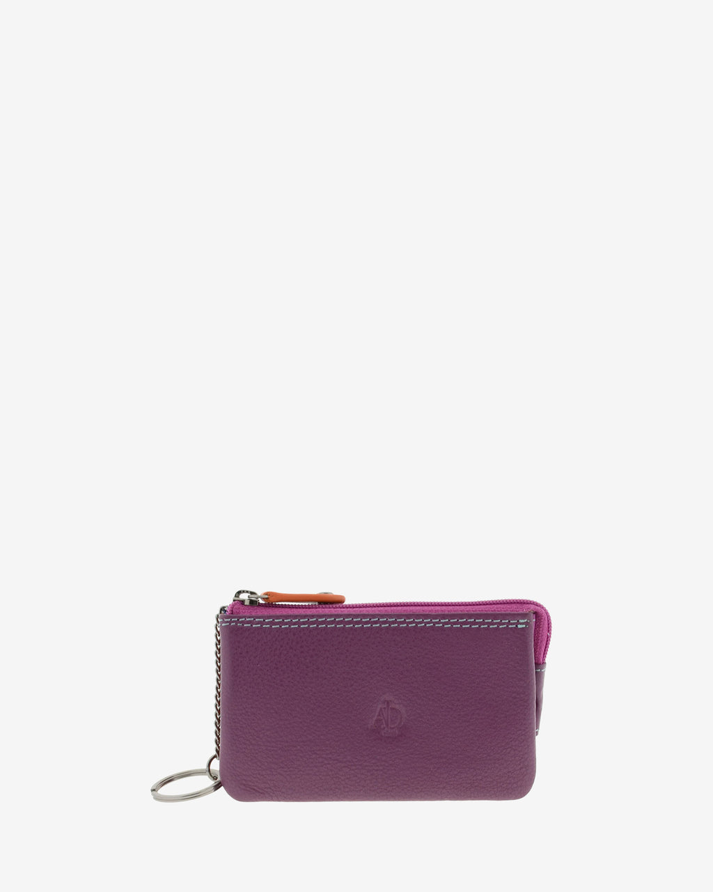 Monedero tarjetero combinado 8015-C en color Mora, vista frontal con aro para llaves y cierre de cremallera.