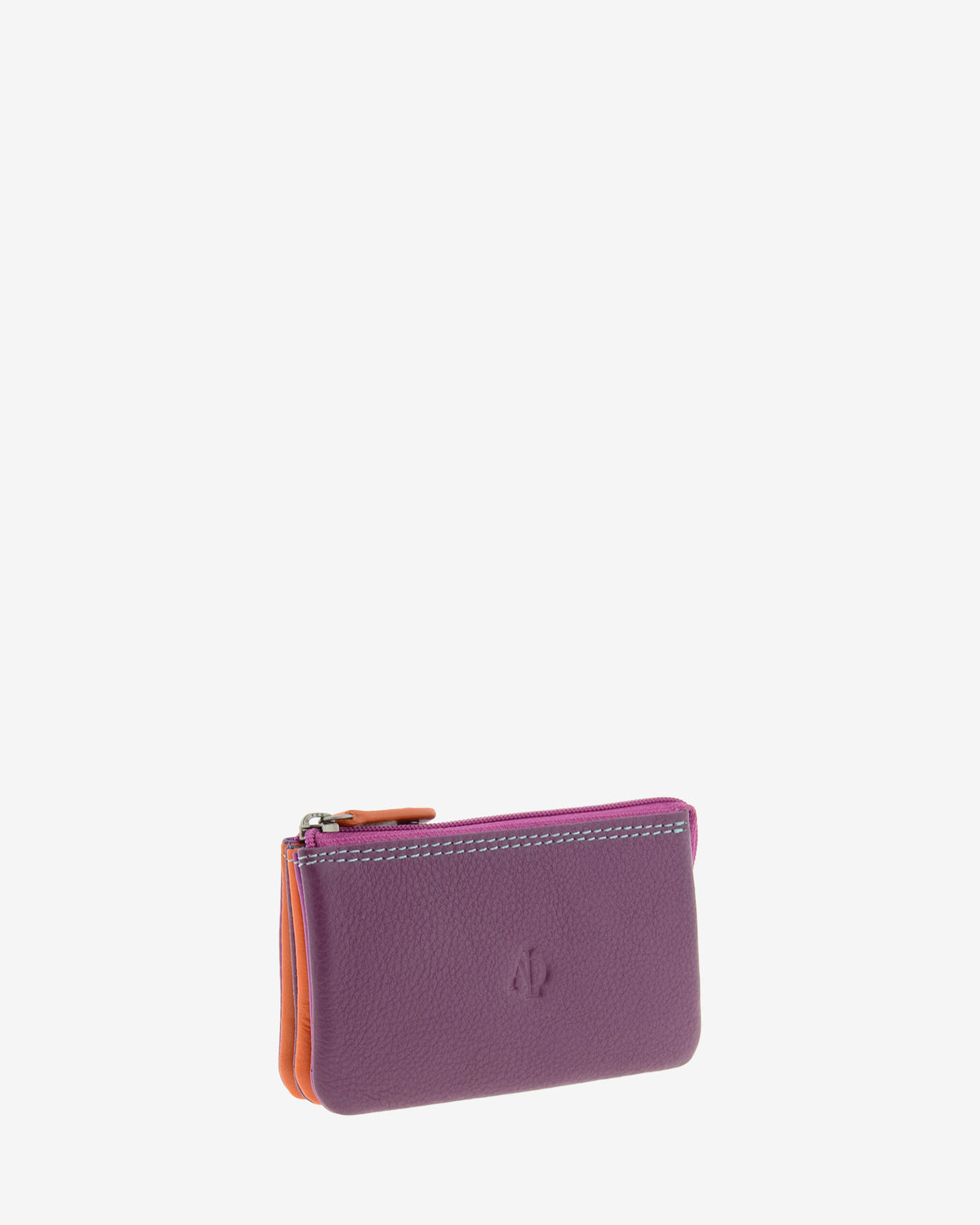 Monedero tarjetero combinado 8015-C en color Mora, vista tres cuartos frontal mostrando su estructura de varios compartimentos.