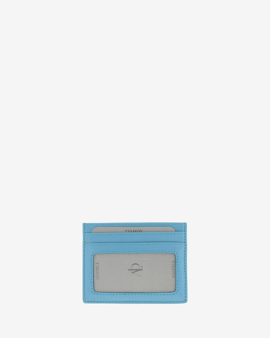 Tarjetero fino 8020 en color azul, vista posterior con ventana transparente y dos ranuras para tarjetas