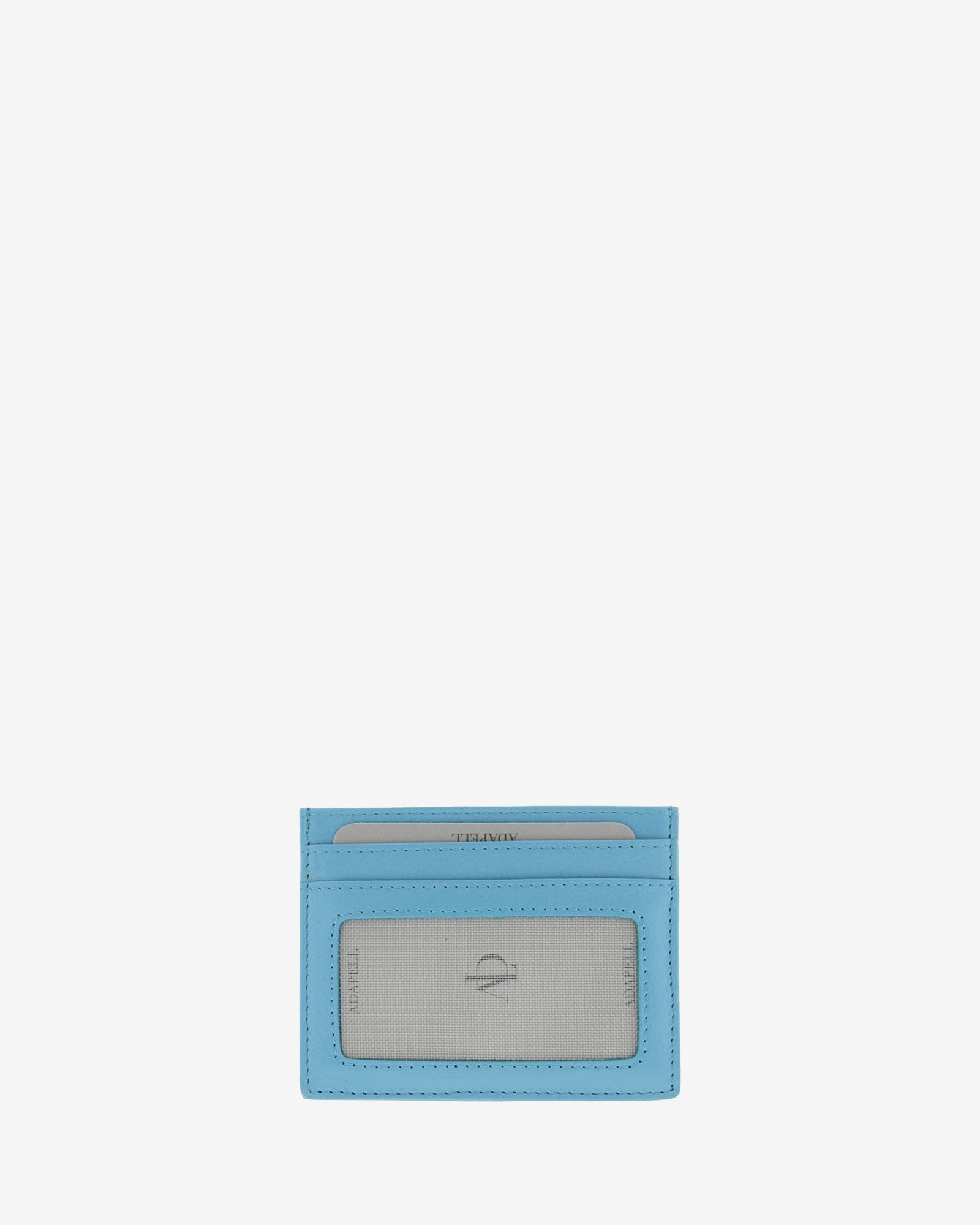 Tarjetero fino 8020 en color azul, vista posterior con ventana transparente y dos ranuras para tarjetas