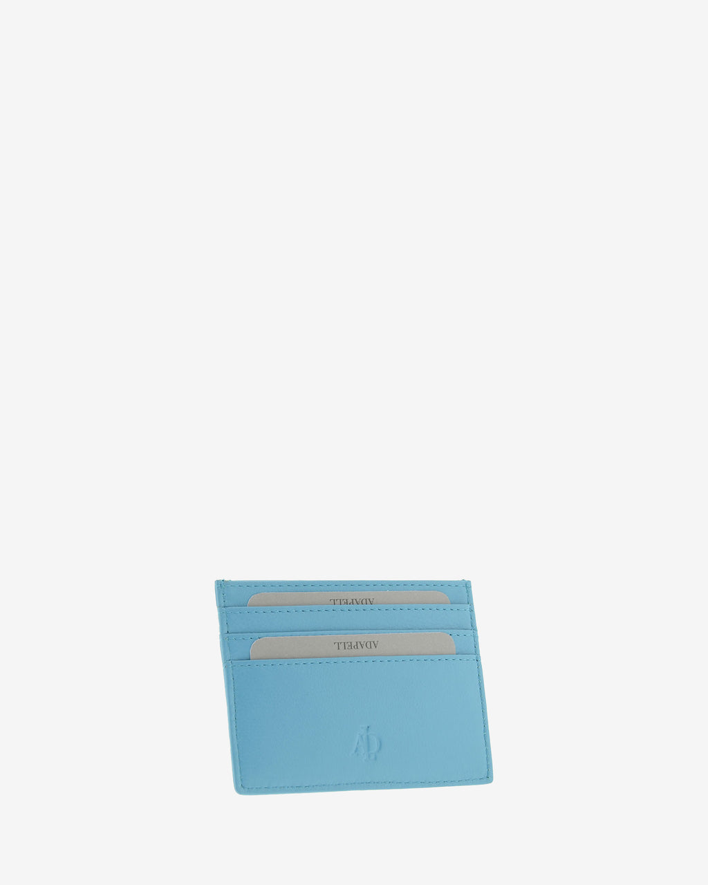 Tarjetero fino 8020 en color azul, vista tres cuartos frontal con ranuras para tarjetas