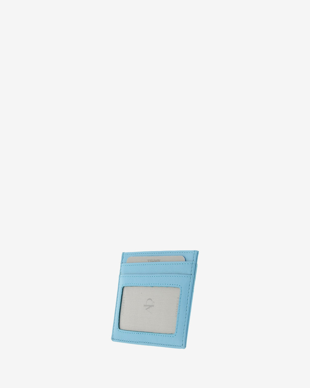 Tarjetero fino 8020 en color azul, vista tres cuartos posterior con ventana transparente y dos ranuras para tarjetas