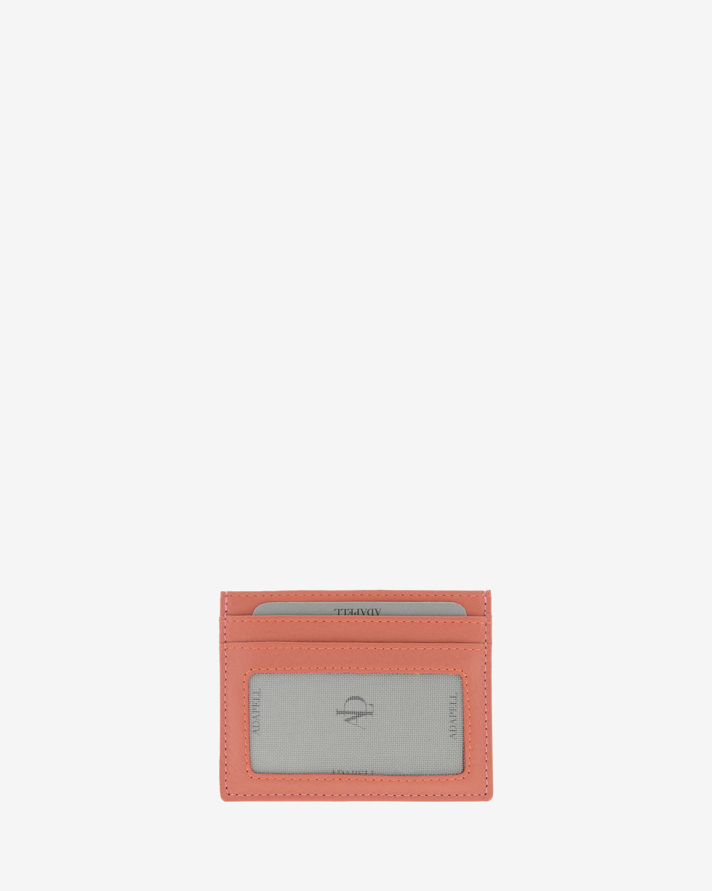 Tarjetero fino 8020 en color coral, vista posterior con ventana transparente y dos ranuras para tarjetas