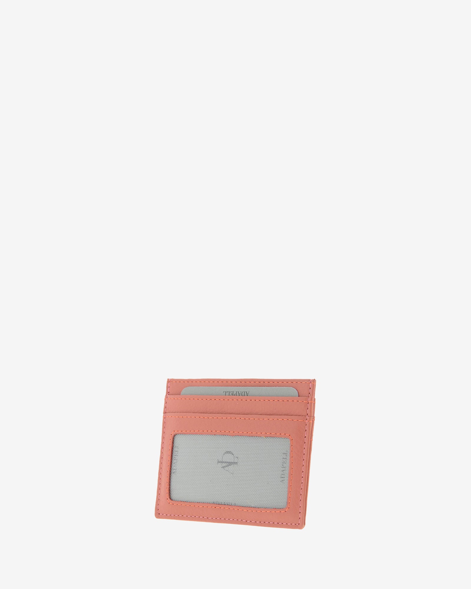 Tarjetero fino 8020 en color coral, vista tres cuartos posterior con ventana transparente y dos ranuras para tarjetas