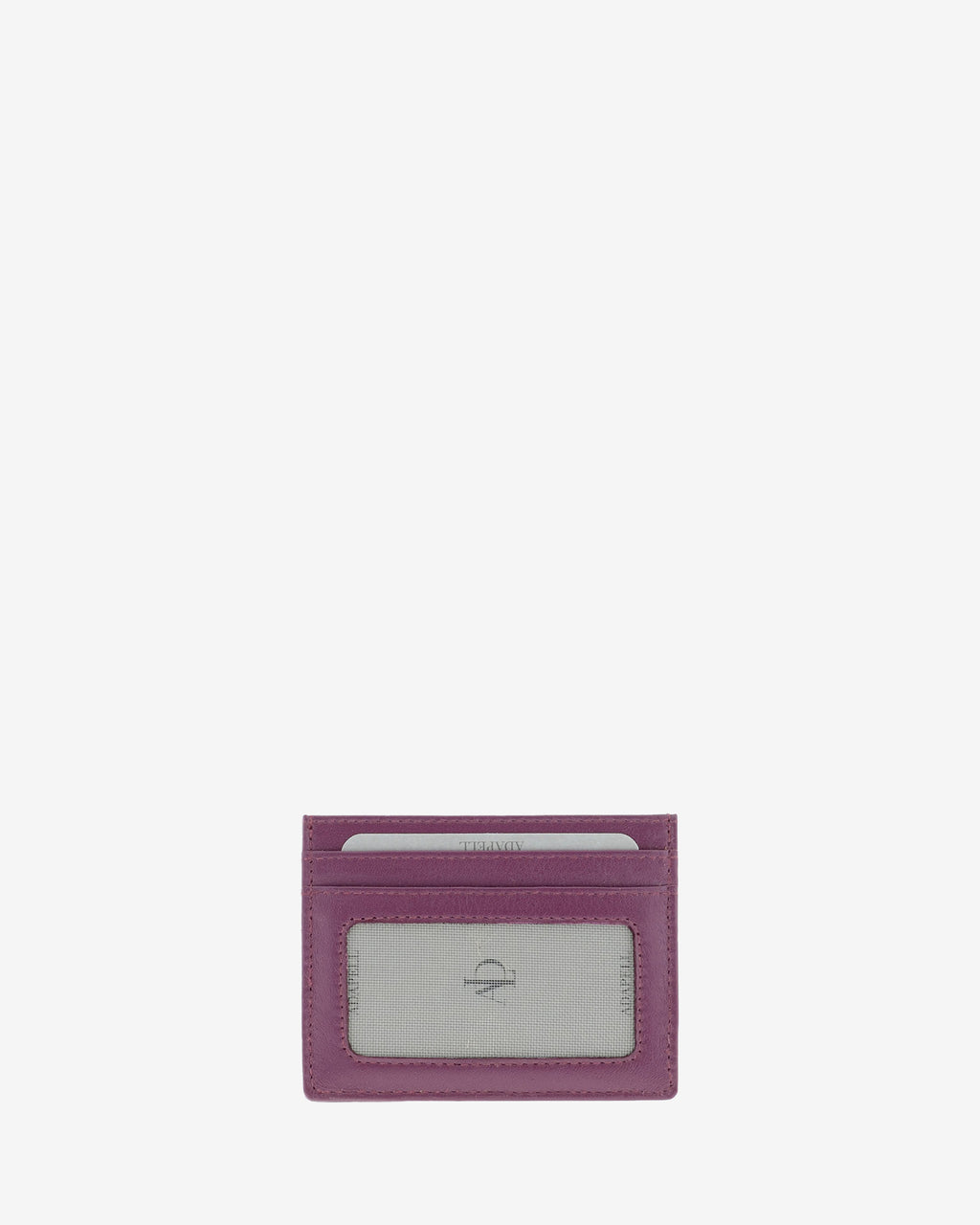 Tarjetero fino 8020 en color lila, vista posterior con ventana transparente y dos ranuras para tarjetas